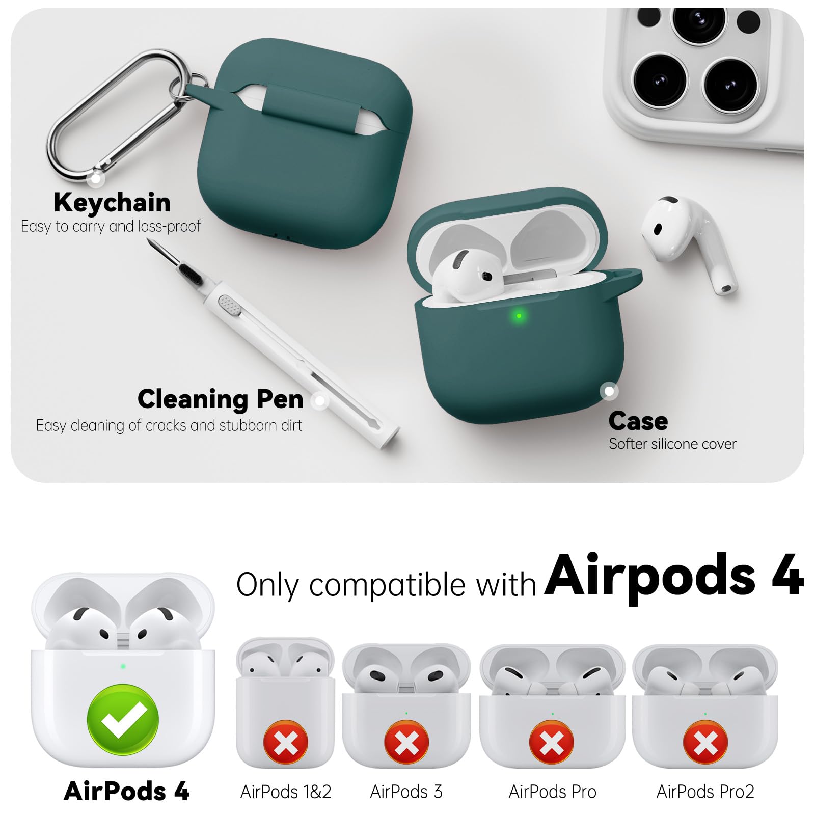 Inesore Compatible with AirPods 4 Case - Deep Green-B | Silicone Protective Case Cover for Apple Air Pod 4 (2024/ANC), Unisex Design, with Cleaning Kit