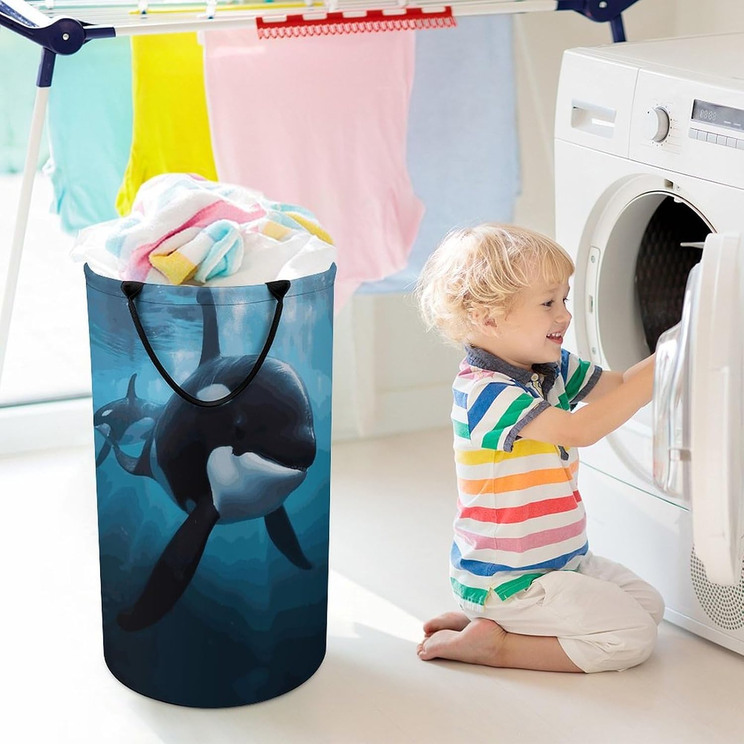 Killer Whale Laundry Basket 86L Laundry Hamper | Collapsible Clothes Hamper with Reinforced Handles Waterproof Tall Foldable Dirty Clothes Basket for Hotel, Home, Closet