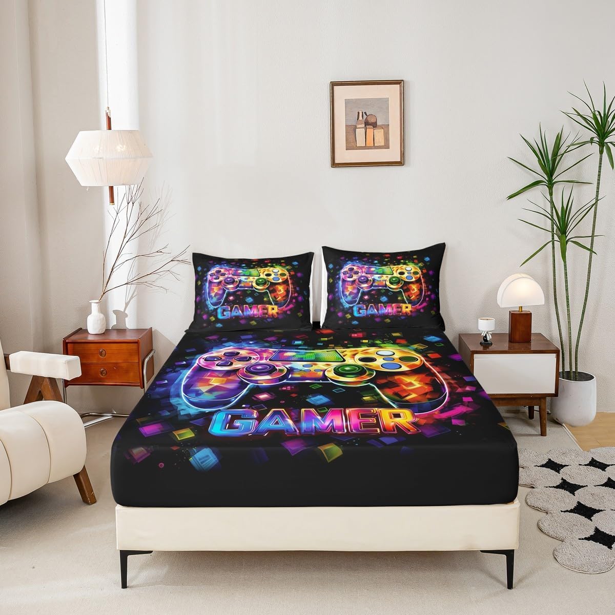 Manfei Boys Gamer Fitted Sheet Full Size, Geometric Gamepad Gaming Bedding Set 3pcs, Video Games Controller Bed Cover with 2 Pillowcases, Kids Teens Room Decor, Soft Bedding(No Top Sheet)