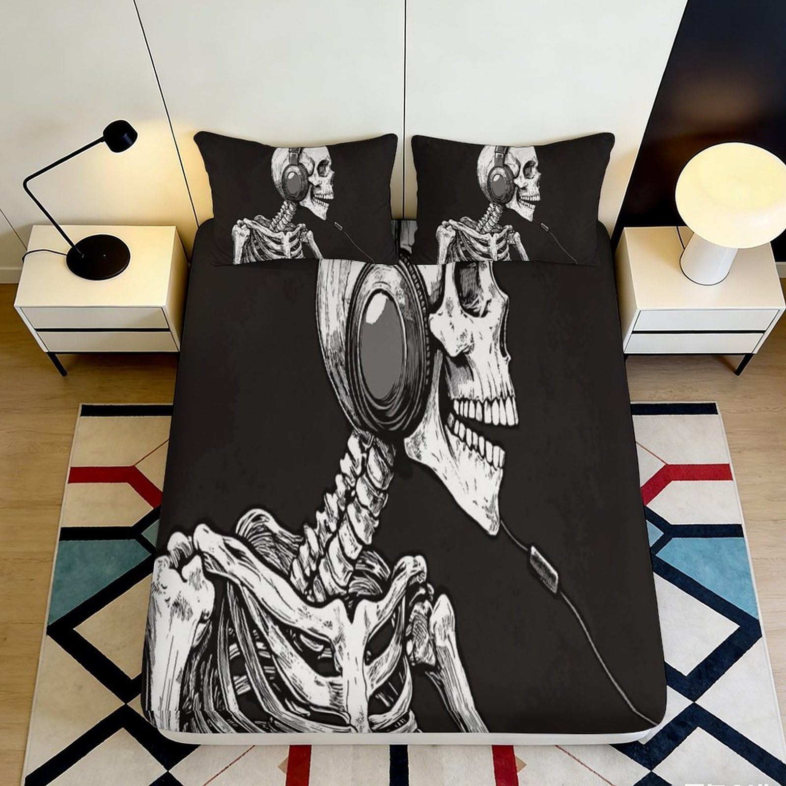 Pnayamiorkfel Style-1 3D Printed Skeleton Headphones Fitted Sheet Microfiber Bedroom Decor Bed Cover For Adult Youth Dorm Room 90X200x25cm