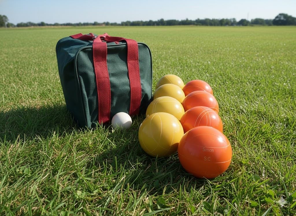 BuyBocceBalls Listing - Made in USA, Premium Quality Engraved Tournament Bocce Set, 998 Grams (2 lbs. 3.2 oz.). Various Bag Colors - 110mm Yellow and Orange Balls, Nylon Bag