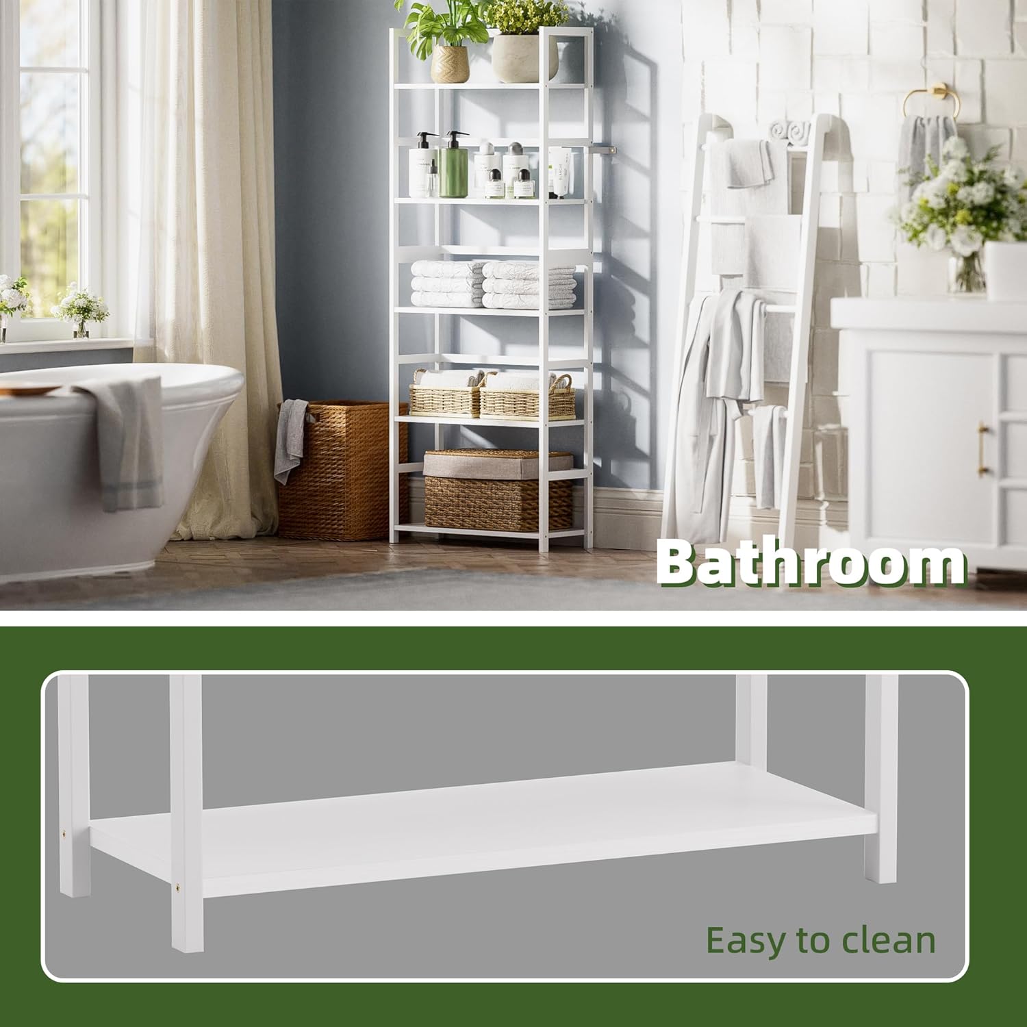 5-Tier Bookshelf, Industrial Bookcase with Bamboo Frame, Modern Display Standing Shelf Unit, Tall Wood Storage Organizer for Living Room, Home Office, White