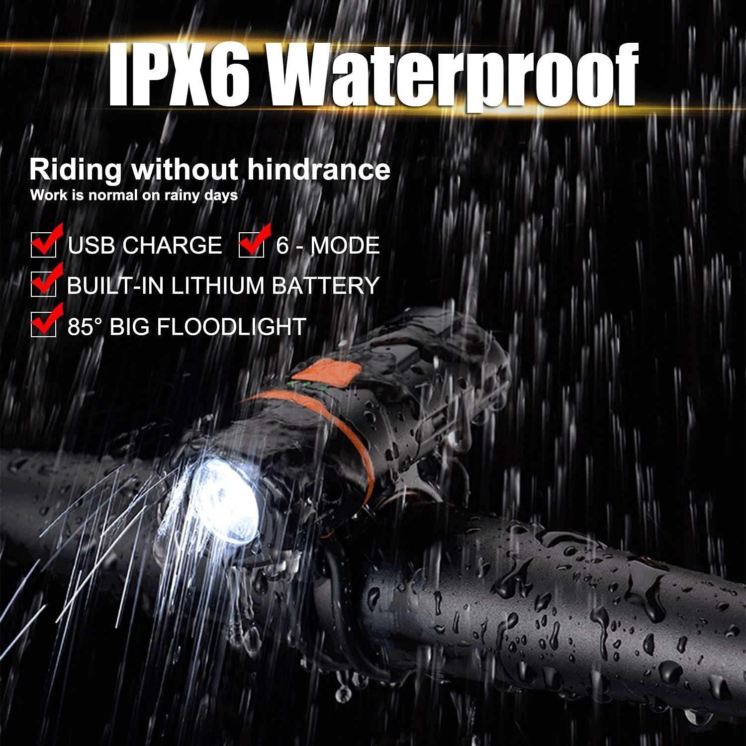 The Lights on The Handlebars Super Bright Bike Front Light, IPX6 Waterproof 6 Modes Cycling Light Flashlight Torch with USB Rechargeable Tail Light(USB Cable Included)