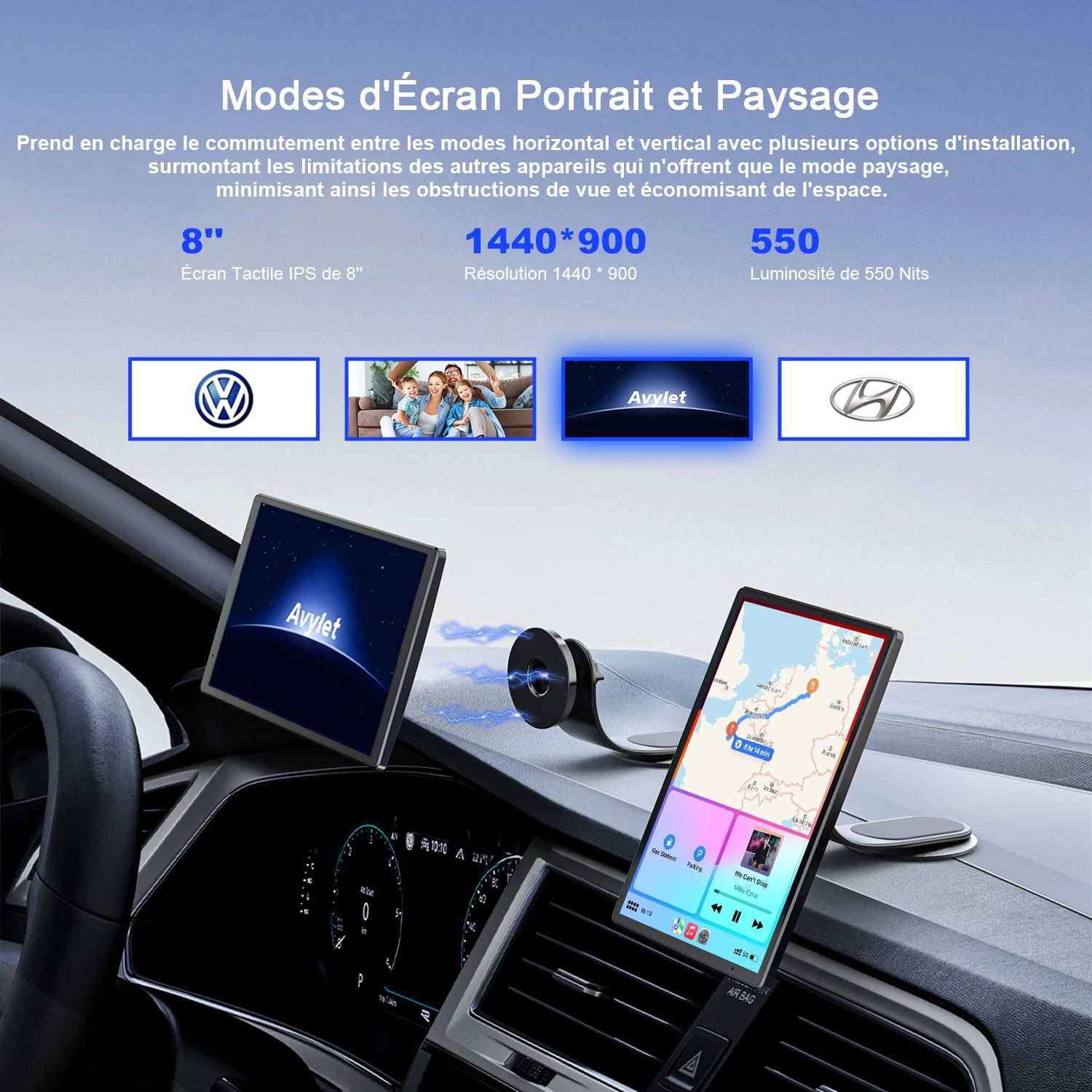 Avylet Écran Portable 8" Apple CarPlay & Android Auto, Tactile 1440x900 | support magnétique,Caméra de Recul 1080p, Bluetooth, Navigation，aGPS, Contrôle Vocal Google/Siri, AUX/FM, Mirror Link, OTA