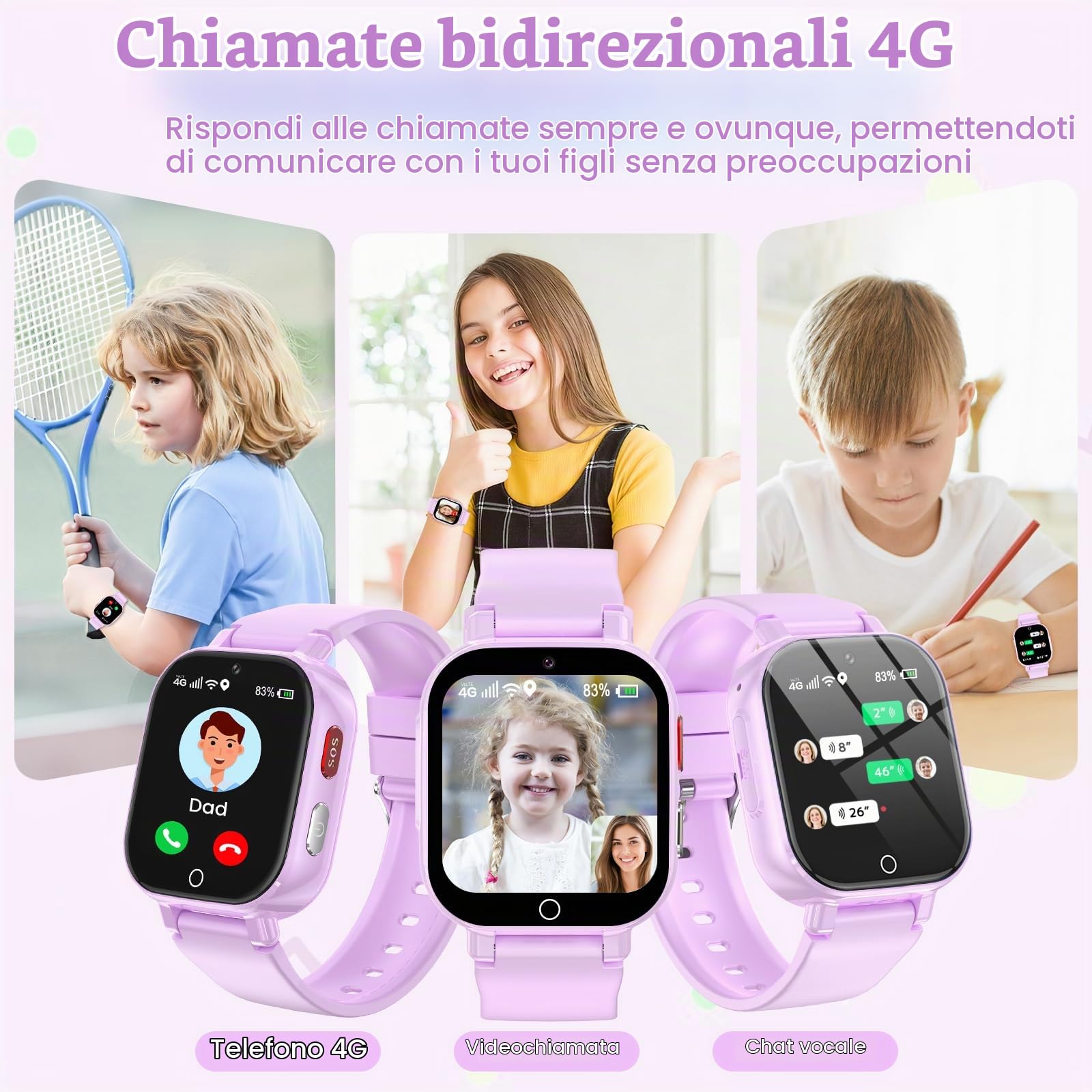 4G Smartwatch Bambini con GPS e Telefono, Orologio Smartwatch Bambini con Videochiamate, Chat Vocale, Modalità Scuola, SOS, Contapassi, Orologio Intelligente Regalo Ragazzi Ragazze 4-12, Viola