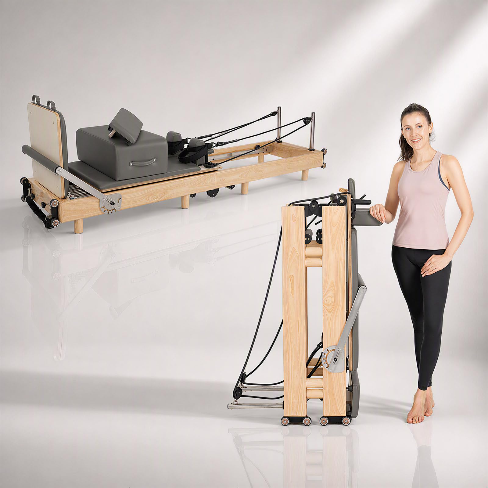 Pilates Reformer Machine, Wood Foldable Pilates Machine Equipment for Home Workout