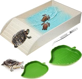 Tortoise Turtle Feeding Dish with Ramp and Basking Platform Leaf Reptile Food Water Bowl Tortoise Habitat Accessories Tortoise Water Dish for Bearded Dragon Frog Lizards Amphibians, with Tweezer