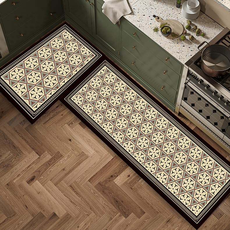 Image of Gvnd 2-Piece Anti-Fatigue Kitchen Mat Set - 118x38cm & 58x38cm - Waterproof & Oil-Resistant Memory Foam Runner Rugs with Non-Slip Rubber Backing (Colour-4)
