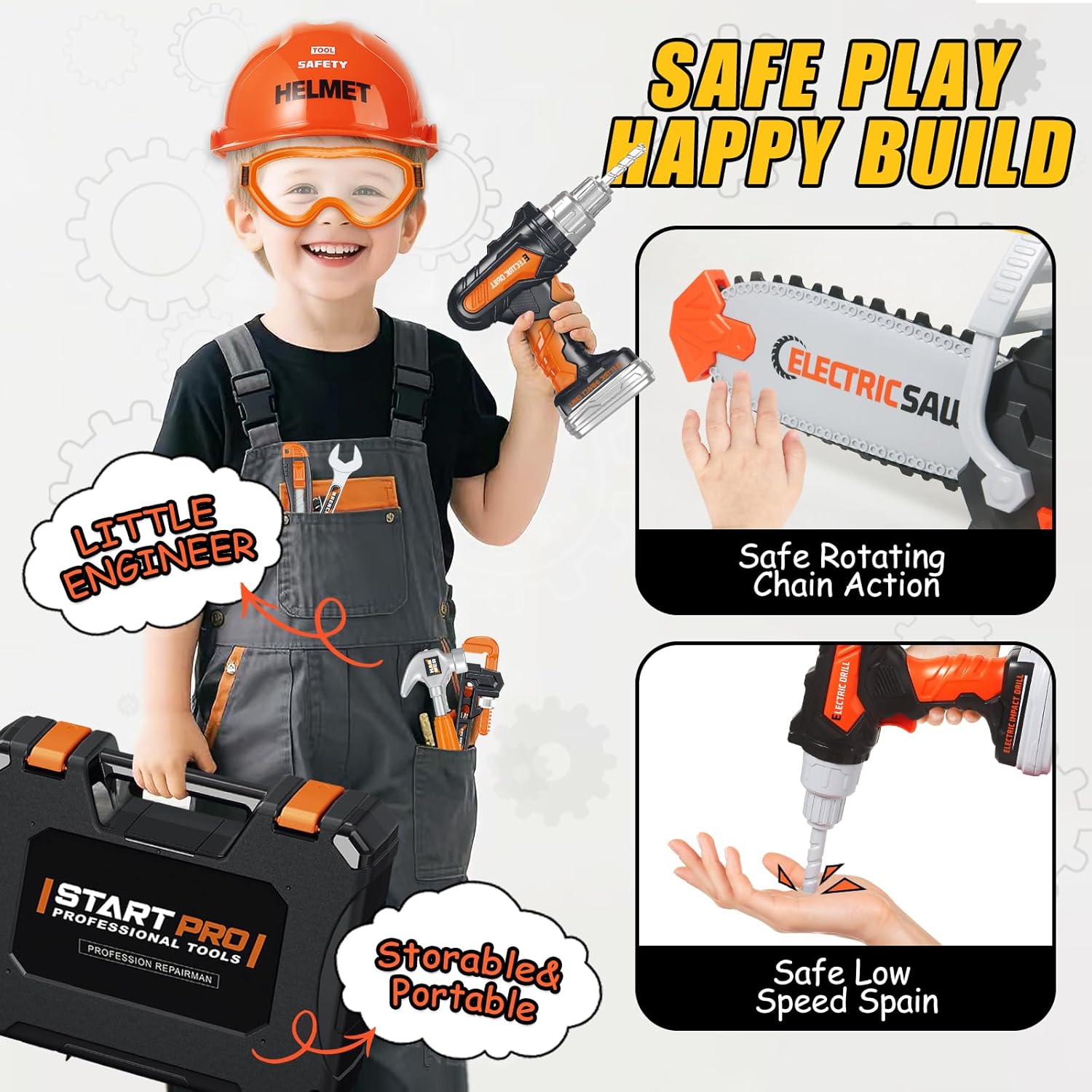 Kids Tool Set Toys, 48 Pcs Toddler Tool Set with Portable Tool Box, Electronic Toy Drill & Electric Chainsaw, Construction Tools Gifts for Boys Aged 3 4 5 6 7, Christmas Birthday Gifts for Toddlers