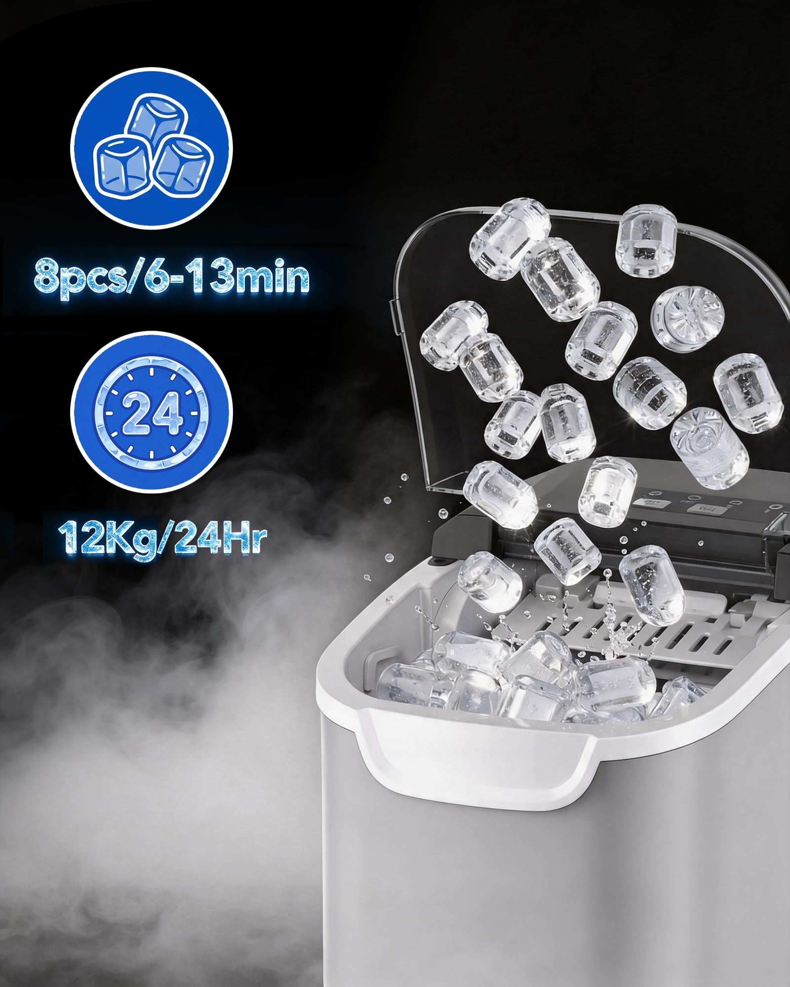 Kismile Macchina per cubetti di ghiaccio per piano di lavoro, 8 cubetti di ghiaccio in 6 minuti, 11,8 kg/24 ore, altamente efficiente, portatile, con maniglia, cestino e pala, cucina e ufficio, grigio