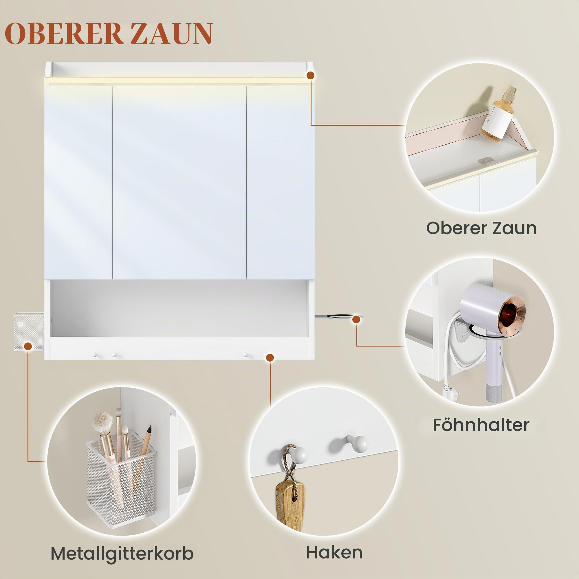 HEXCELEN 70 cm Spiegelschrank Bad, Badezimmerschrank mit Spiegel, Haken | Wandschrank mit 3 Türen, Verstellbarer Etagen, für Badezimmer, 15 x 70 x 78,8 cm, Weiß