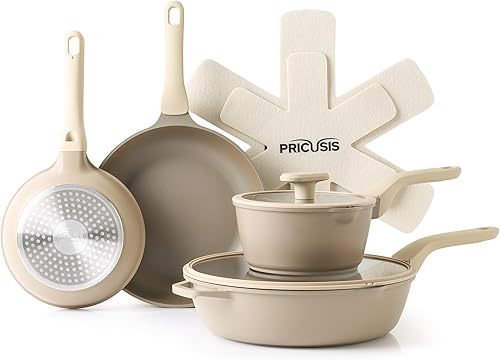 Miniatura 10 de PRICUSIS Juego de ollas y sartenes antiadherentes, 9 piezas de utensilios de cocina antiadherentes de cerámica no tóxica, sartén saludable para Gris