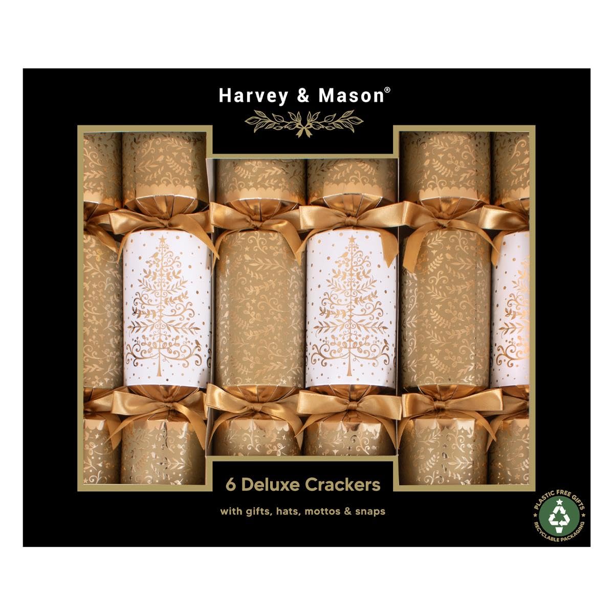 Harvey & Mason Pack of 6 Deluxe White Gold Tree Christmas Crackers - 13.5" Metallic Festive Xmas Holiday Dinner Table Decorations - Novelty Fun Prizes Gifts Contains Hats Jokes
