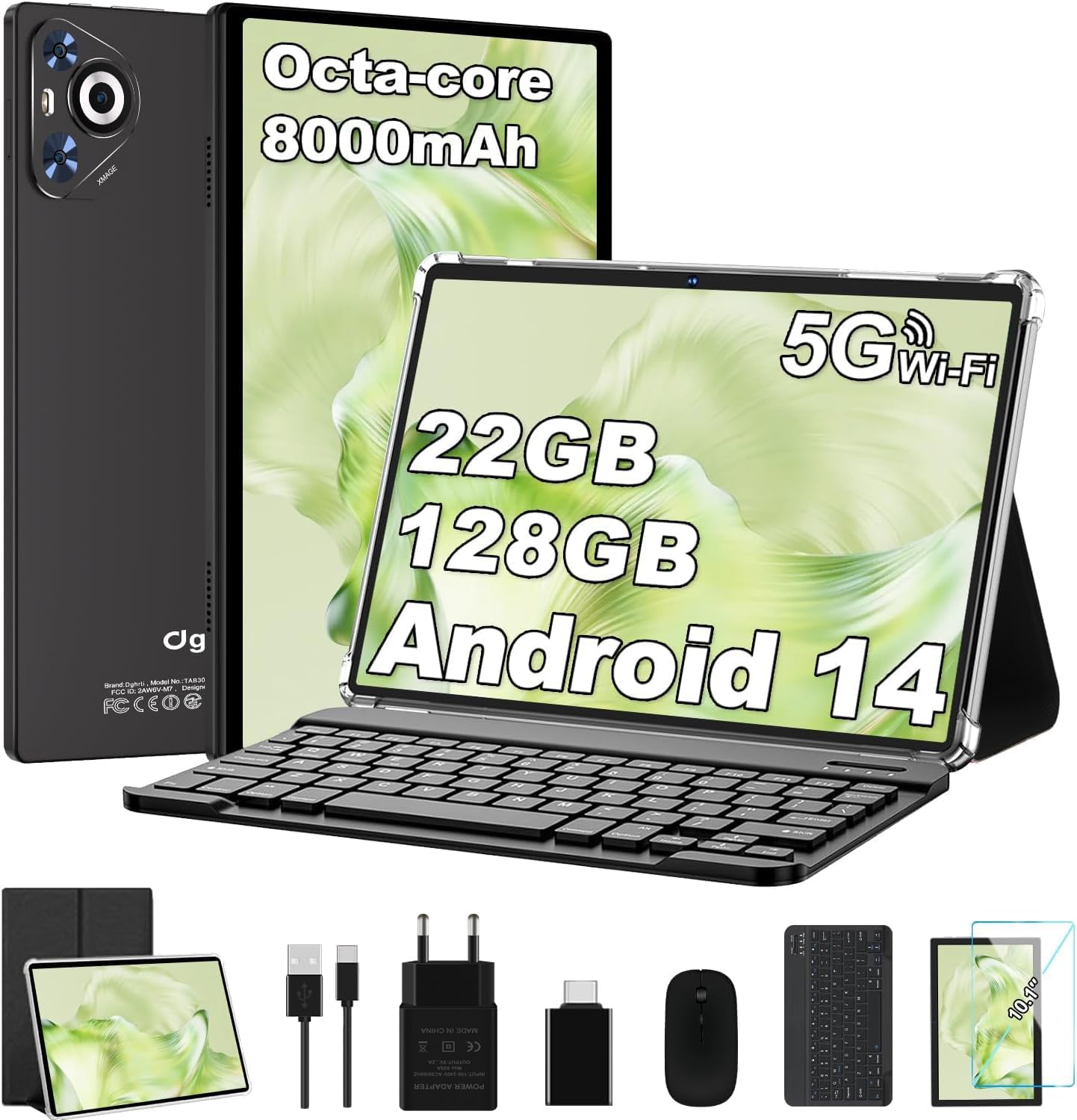 Dghrti Tablet 10 Inch Android 14, 22GB RAM + 128GB ROM (1TB TF), Octa-Core CPU, 8000mAh, Widevine L1, Dual WiFi, BT 5.0, Face ID, 5MP+8MP, with Metal Case, Keyboard and Mouse Black - Amazon product rated Grade C