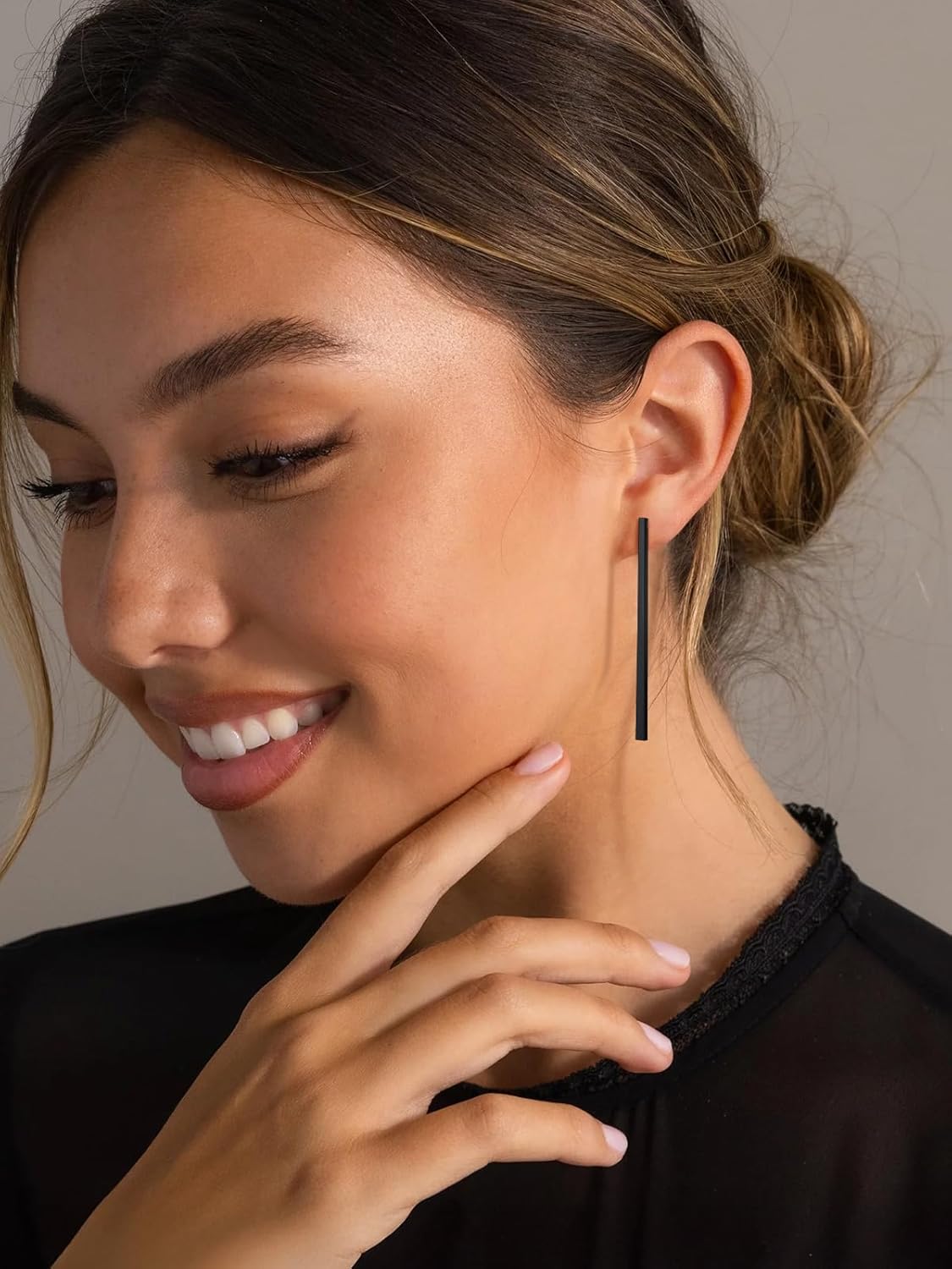 FindChic Stainless Steel Bar Drop Earrings 18K Gold Plated Thin Flat Geometric Round/Stick/Rectangle Pierced Linear Hypoallergenic Dangle Earrings for Women - Image 3