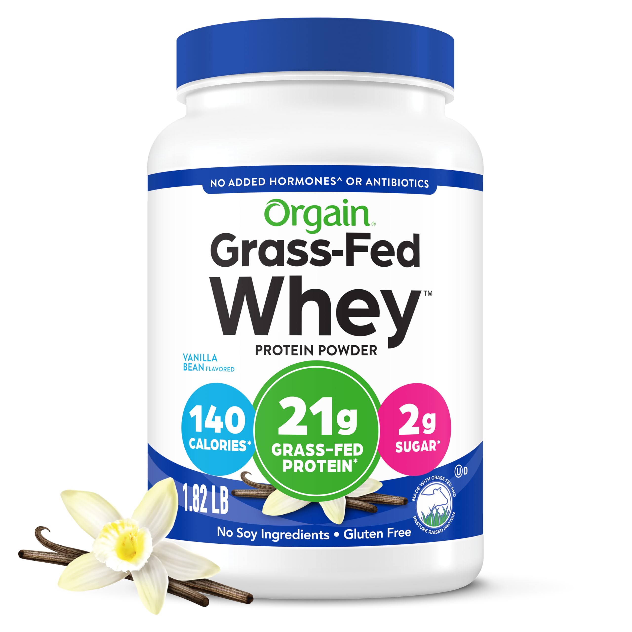 Whey Protein Powder, Vanilla Bean, 21g Grass Fed Dairy Protein, 5g BCAAs, 3g Prebiotic Fiber, 2g Sugar, No Added Hormones, Gluten Free, Kosher, for Shakes & Smoothies, 1.82 lb