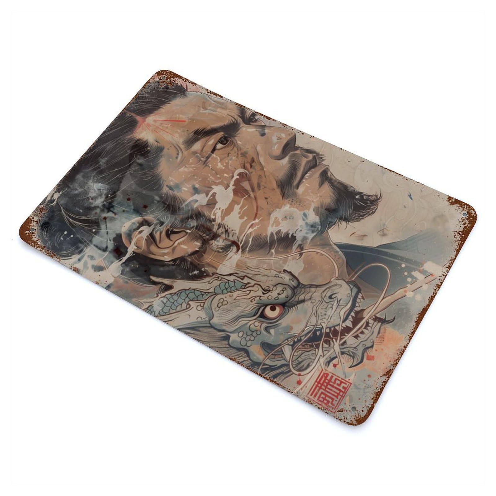 Rust Effect Japanese Man Dragon Aged Metal Wall Plaque 11.8"x7.9", Farmhouse Wall Decor for Office, Studio And Wall Decor
