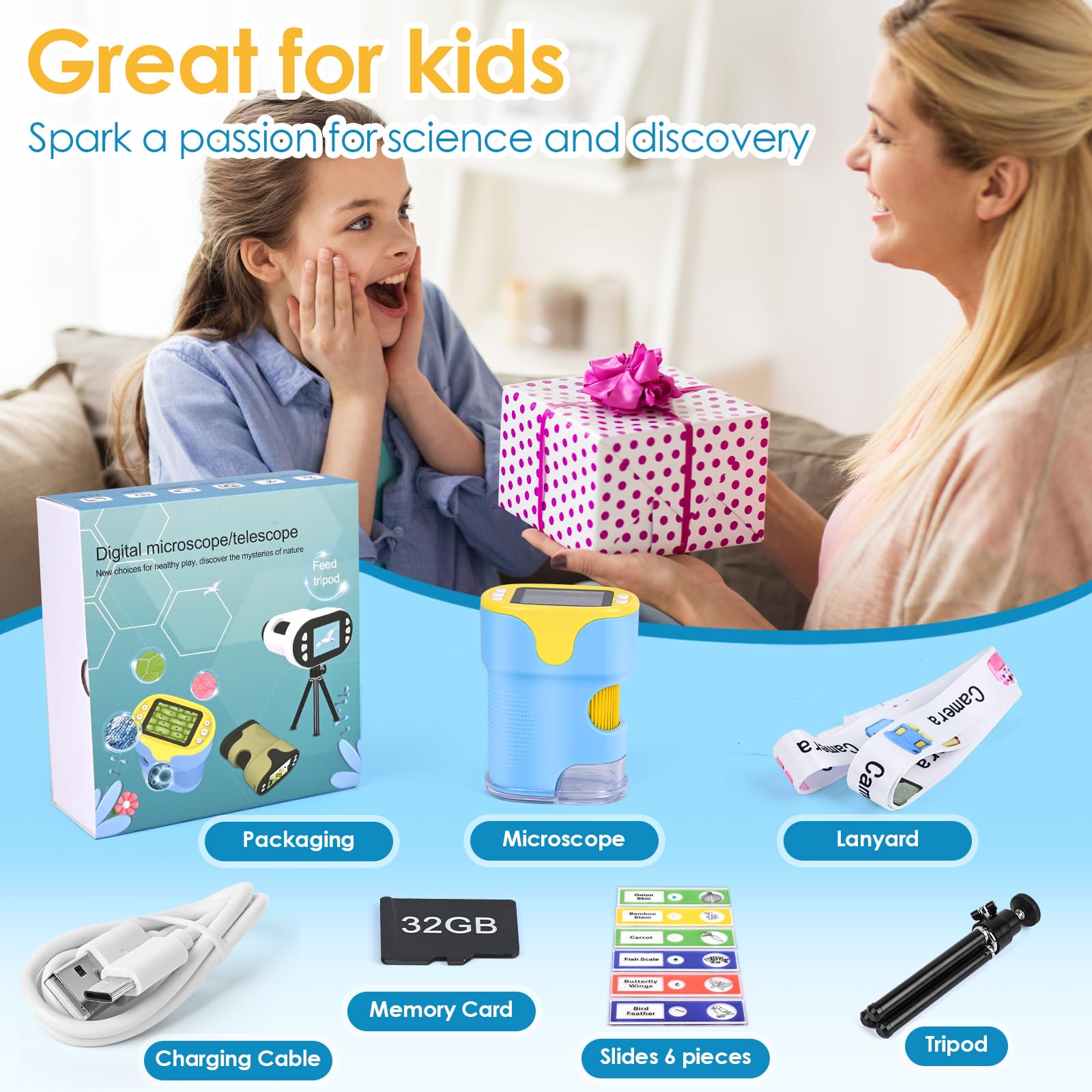 Mikroskop für Kinder, Vankarr 1000X Digitale Taschenmikroskop Tragbares Mini Handy Mikroskope mit 32GB SD-Karte, 2-Zoll-IPS-Bildschirm, Objektträgerproben, Geschenk für Kinder Studenten, Blau