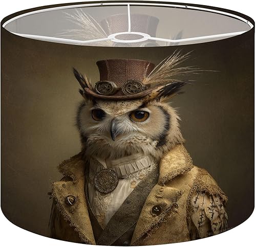Linen Drum Lamp Shades 1 Pack, 13''Wx10"H, Steampunk Retro Punk Bird Owl Steampunk Gear Top Hat Goggles Replacement Lampshades for Floor Lamps Table