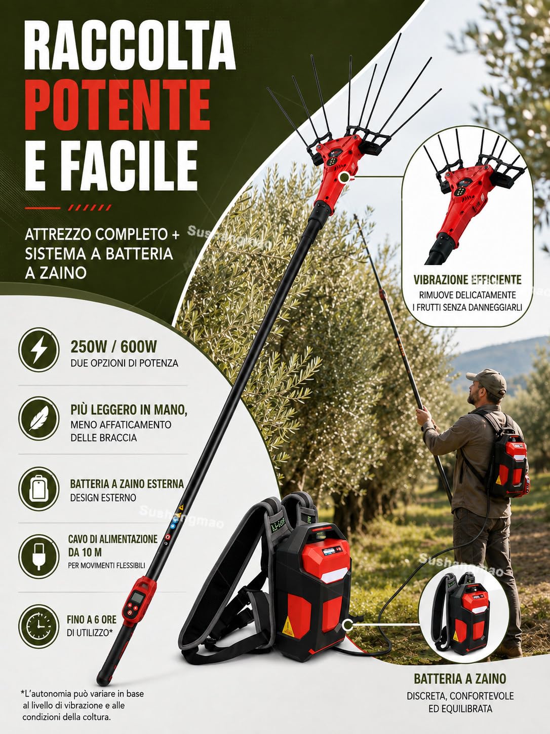 Macchina Raccolta Olive 250W/600W, Asta 2-3 m e Batteria Zaino 600w