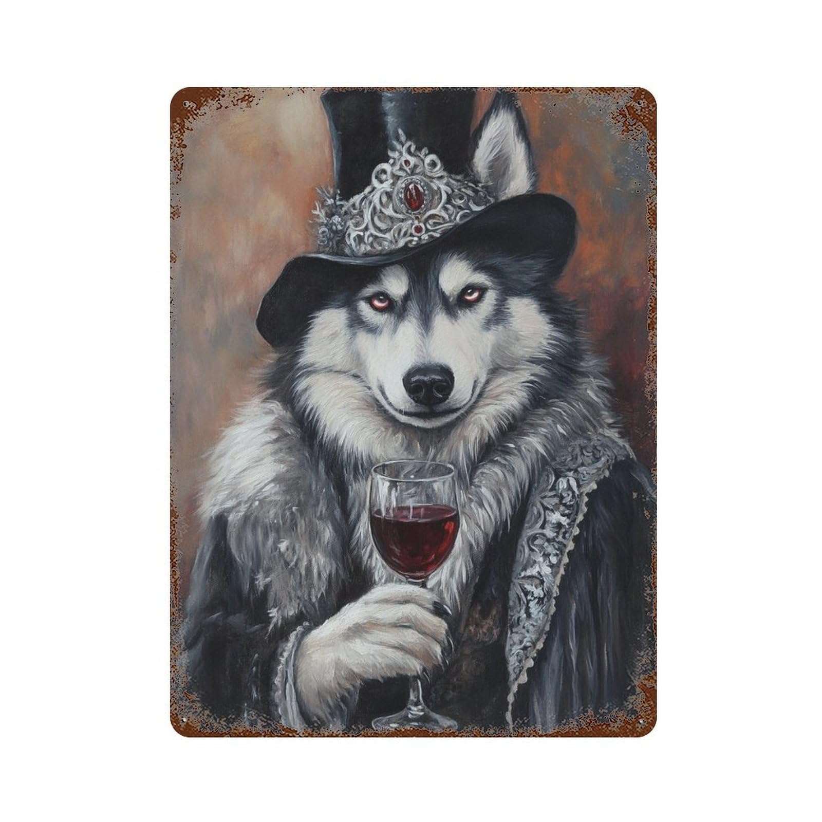 Distressed Metal Wall Sign with Steampunk Wolf with Wine Design 15.7"x11.8", for Cafe, Home Bar And Lounge Decor, Retro Wall Decor