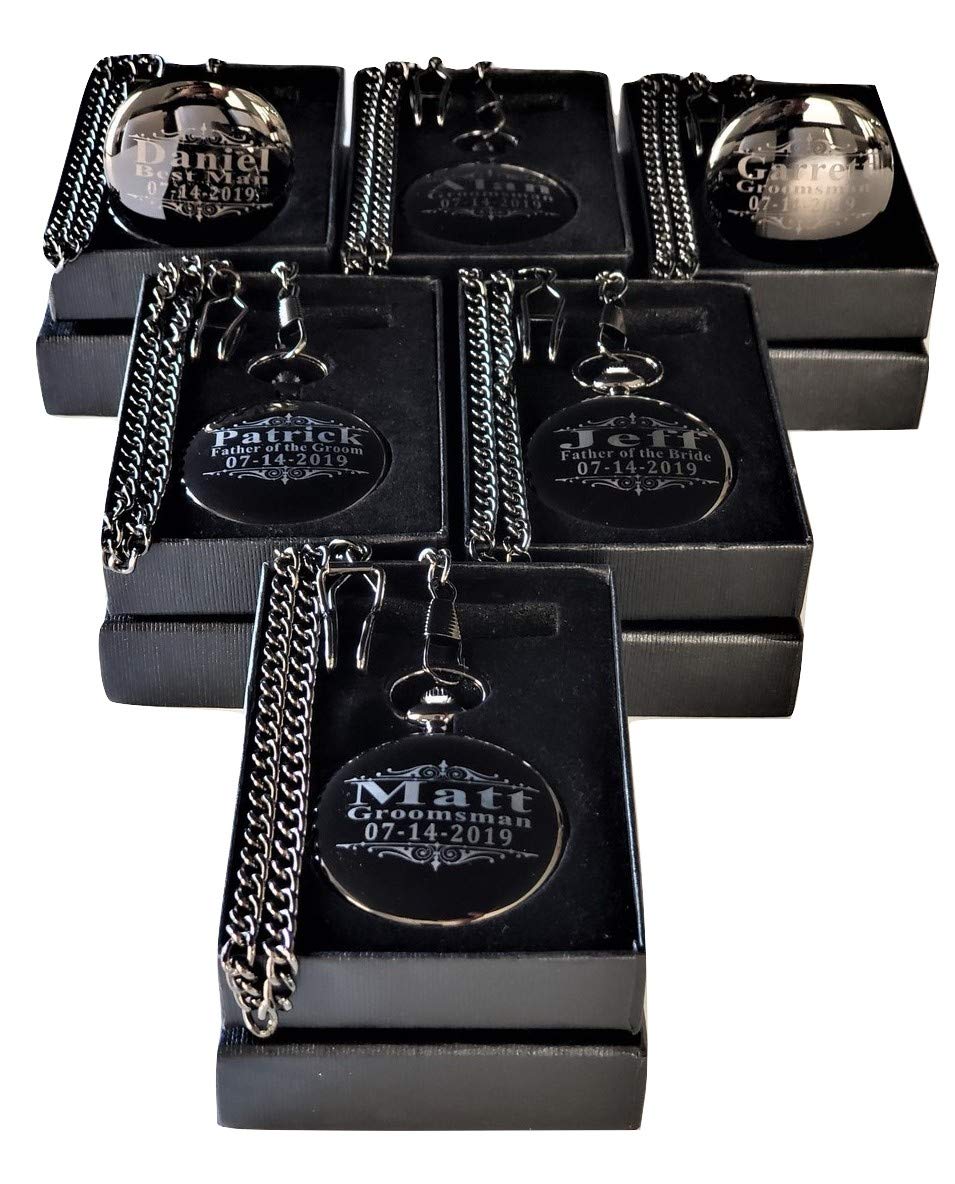 9 Custom Engraved Pocket Watches - 9 Gift Set for Weddings - Groomsmen and Best Man Personalized Watches with Chain, Box & Engraving Included (Rose Gold)