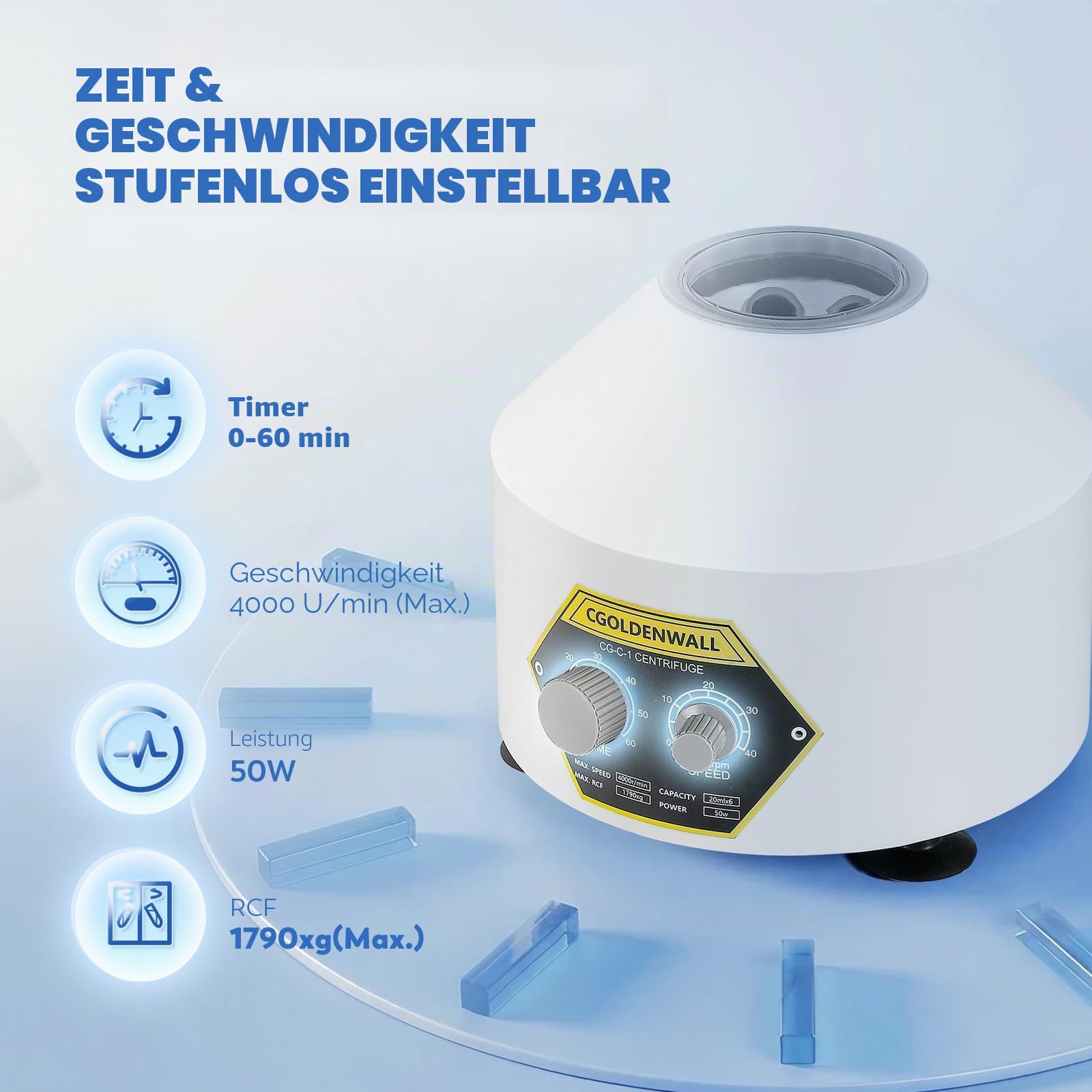 CGOLDENWALL Laborzentrifuge mit 6 * 20 ml Zentrifugenröhrchen &Transparentem Deckel, 4000 U/min Max. Geschwindigkeit, 0-60 Min. Timer, 1790 xg Max. RZK Geeignet für 5/7/10/15 ml Vacutainer Röhrchen