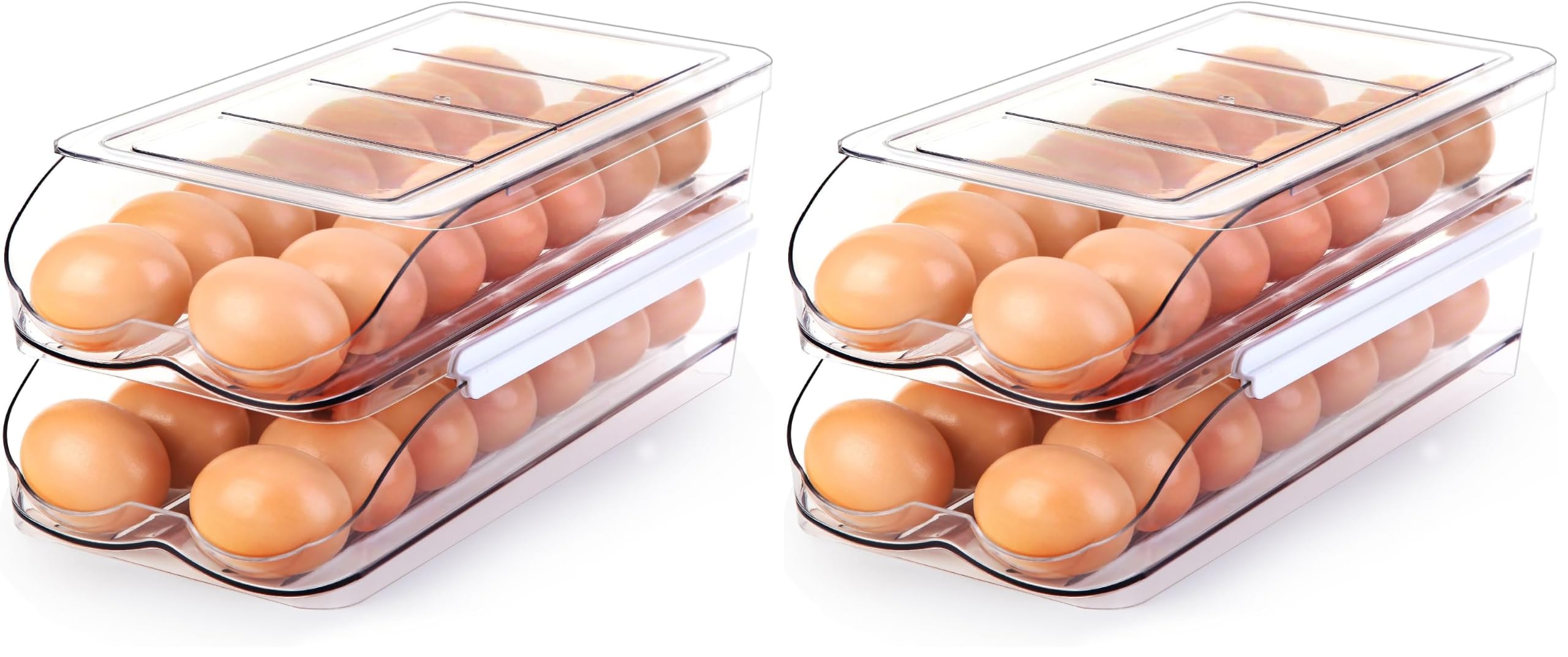 RoskDeewat Egg Holder for Fridge, Automatic Rolling Egg Container for Refrigerator, Stackable Fridge Organizers and Storage with Lid, Clear Plastic Egg Dispenser &amp; Tray (2 Tier) (Pack of 2)