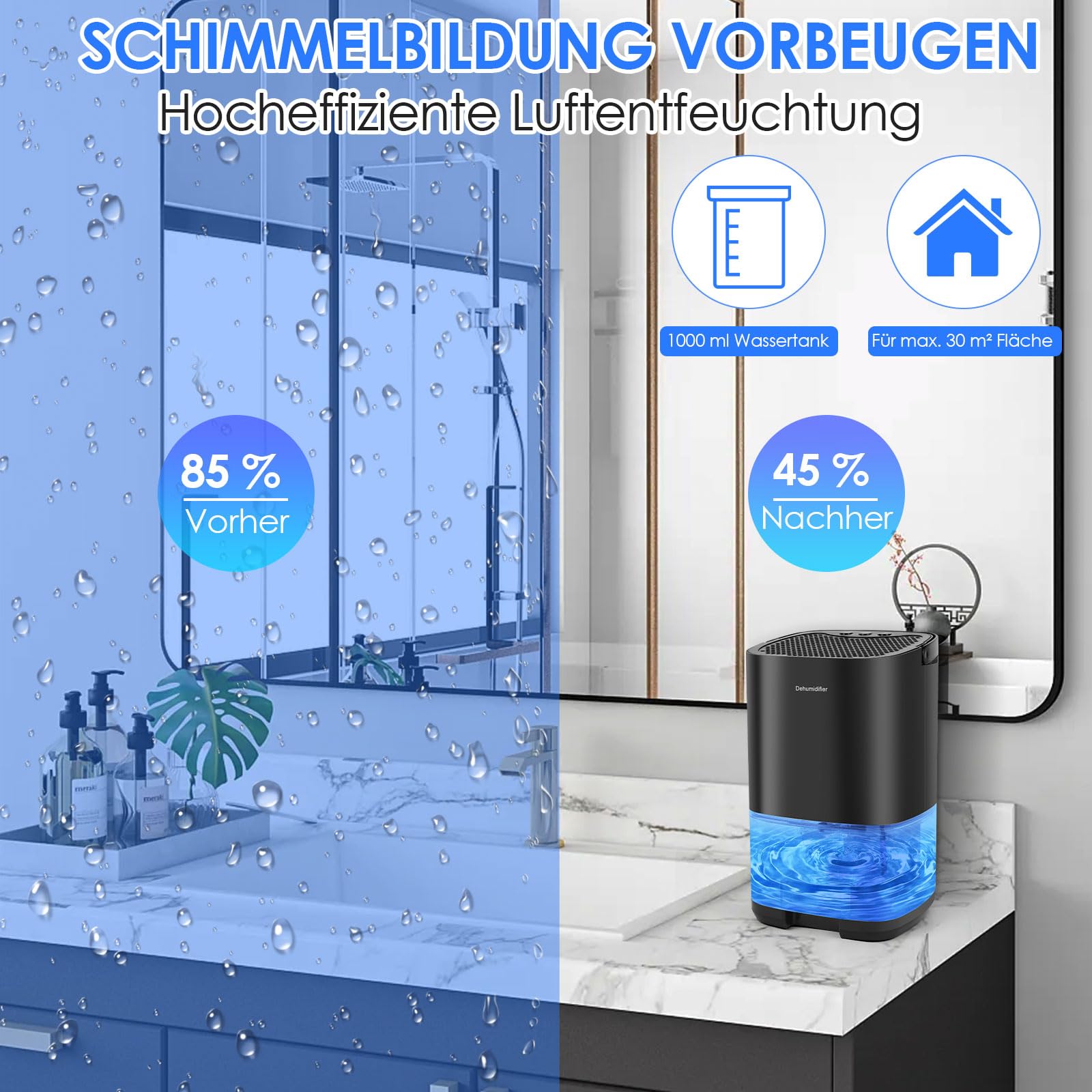 Dreamhigh® 1L Luftentfeuchter Elektrisch, Raumentfeuchter Klein für