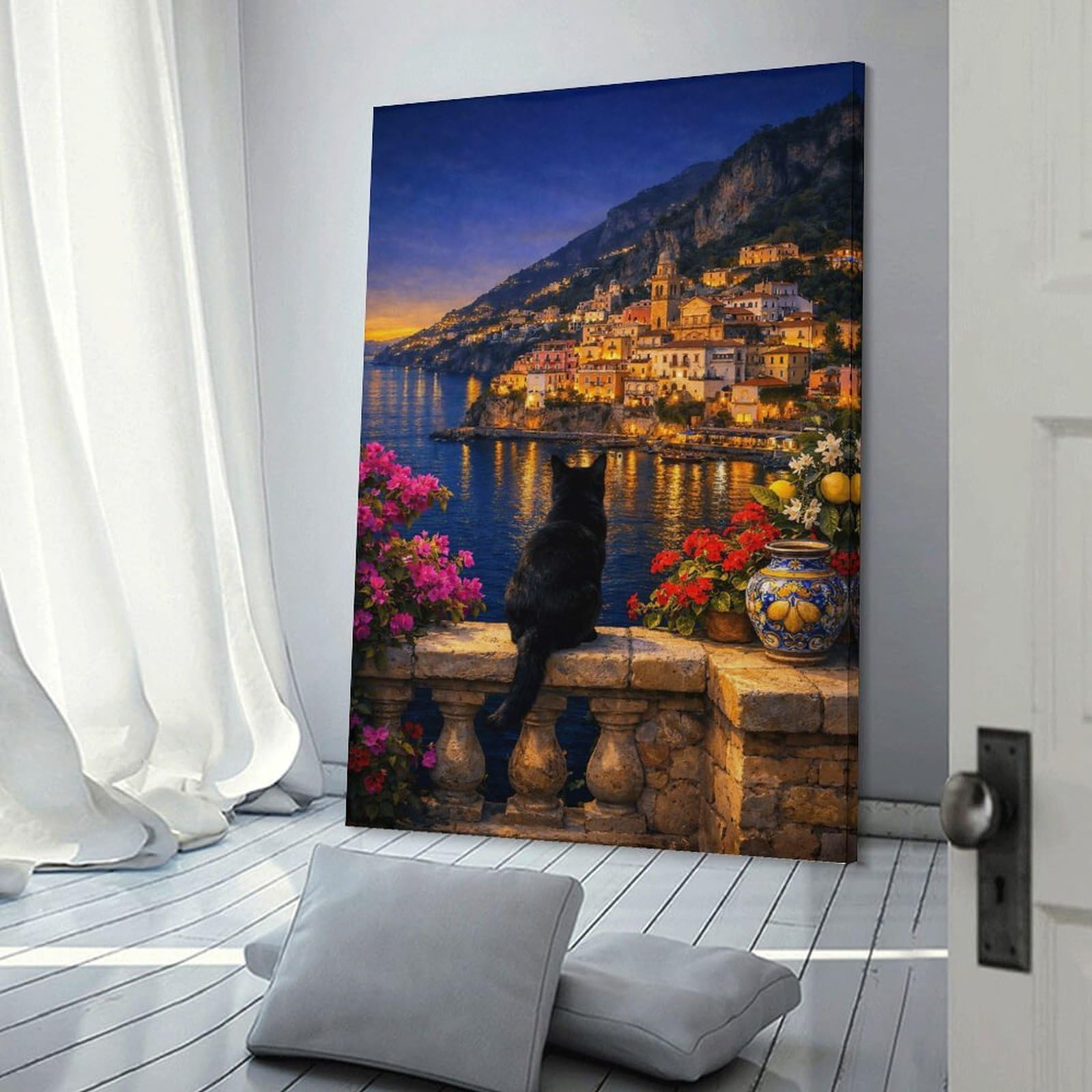 Junmoney Frame-Style-9 Black Cat Overlooking Amalfi Coastal Town Hanging Wall Art, 20X30inch(50X75cm), For New Homes, Bedrooms Or Workspaces, Thoughtful Wall Decor For Art Lovers