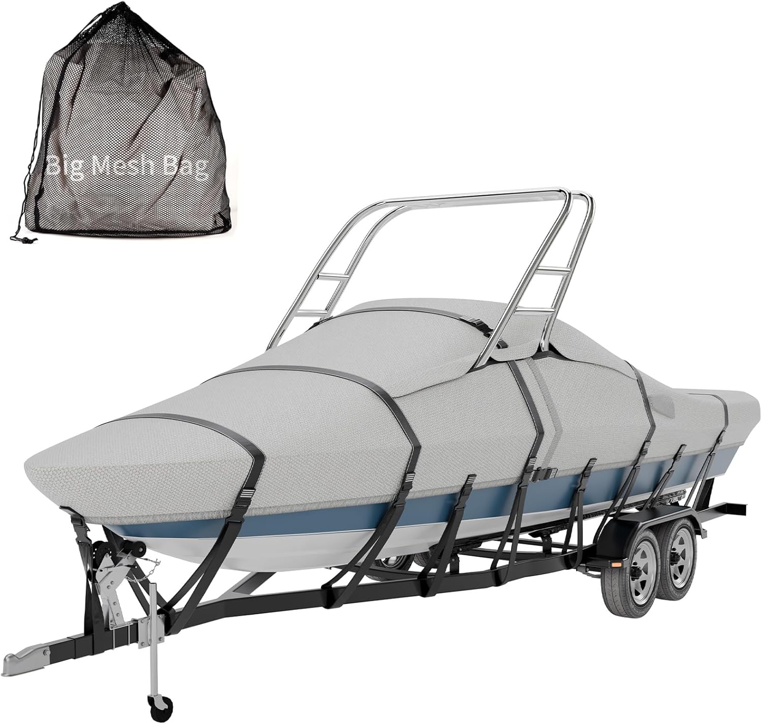 Tuszom 1200D Solution Dyed 100% Waterproof Ski & Wakeboard Tower Boat Cover with 11+6 PCS Windproof Straps Fit V-Hull Runabouts OutBoards and I/O (Gray, 17'-19'L, Beam Width to 102" W)