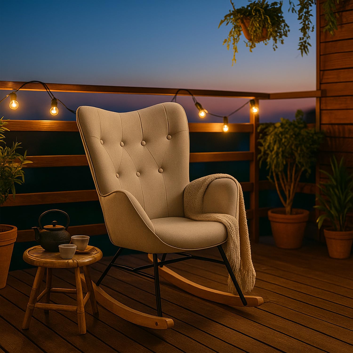MEUBLE COSY Fauteuil à Bascule de Jardin, Chaise de Détente pour Terrasse et Balcon Couverts, Design Scandinave avec Pieds Bois et Métal, Tissu Non Imperméable