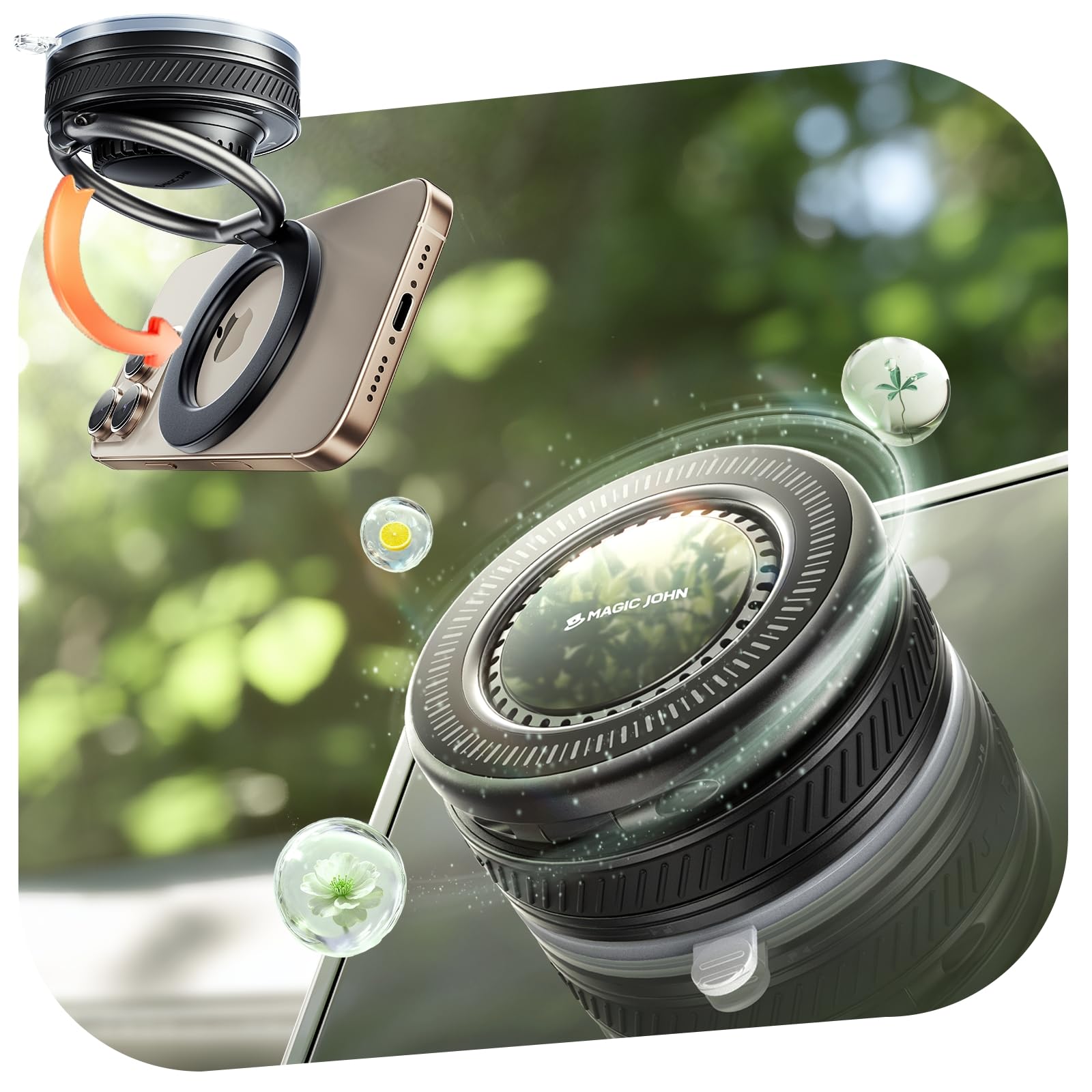 MAGIC JOHN Car Phone Holder for Magsafe 2-in-1 Fragrance Diffuser Magnetic Phone Holder 360 Adjustable Car Phone Mount