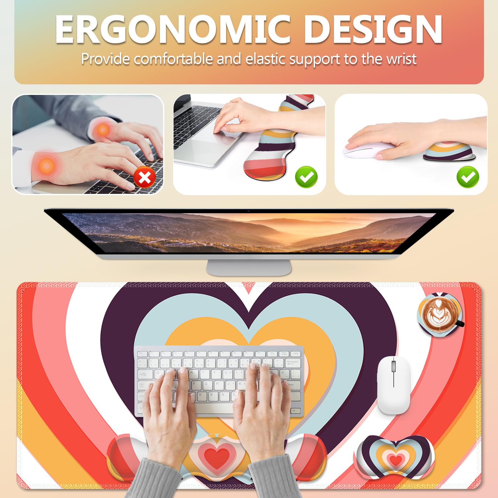 AIMSA Ensemble de tapis de souris pour clavier, grand tapis de souris de jeu + repose-poignet pour clavier + support de poignet de souris + dessous de verre, ensemble de sous-main, ensemble de tapis