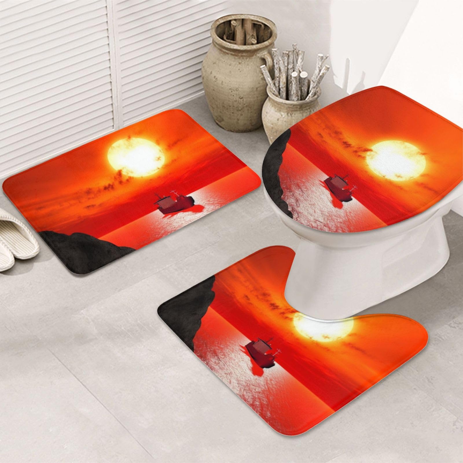 Tapis de salle de bain en U anti-glissade : lot de 3 absorbants motif soleil rouge