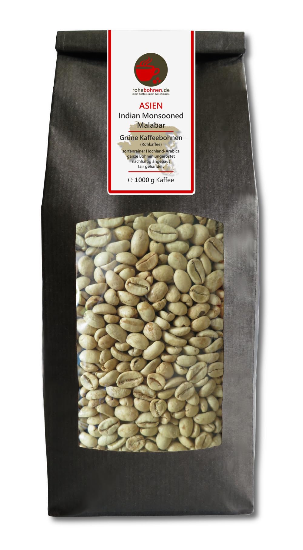 Café vert Indian Monsooned Malabar (grains de café vert brut 1000g) - Certifié GMP