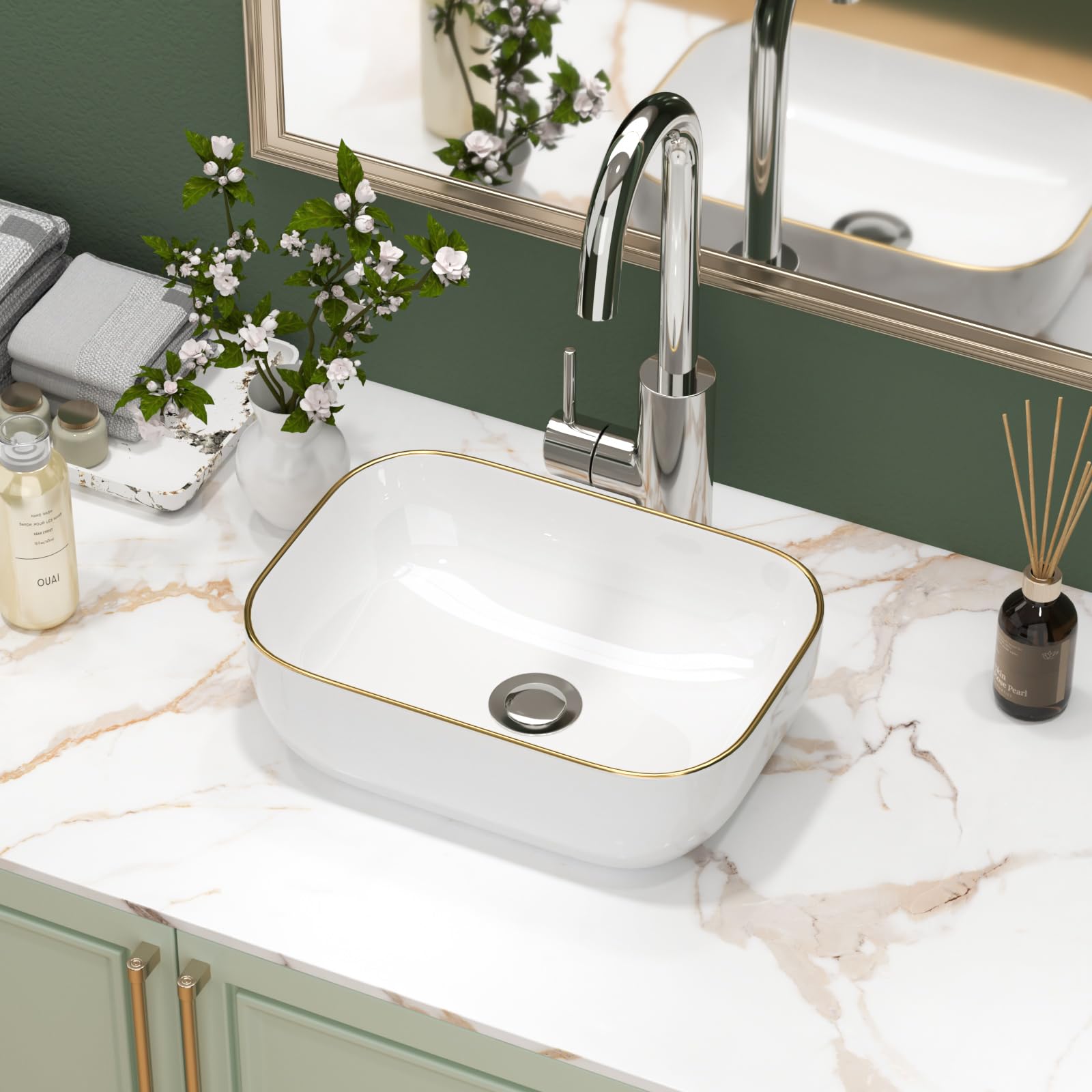Sarlai Countertop Bathroom Sink, Gold Rim Wash Basin 36.8x25.4x11.5 cm