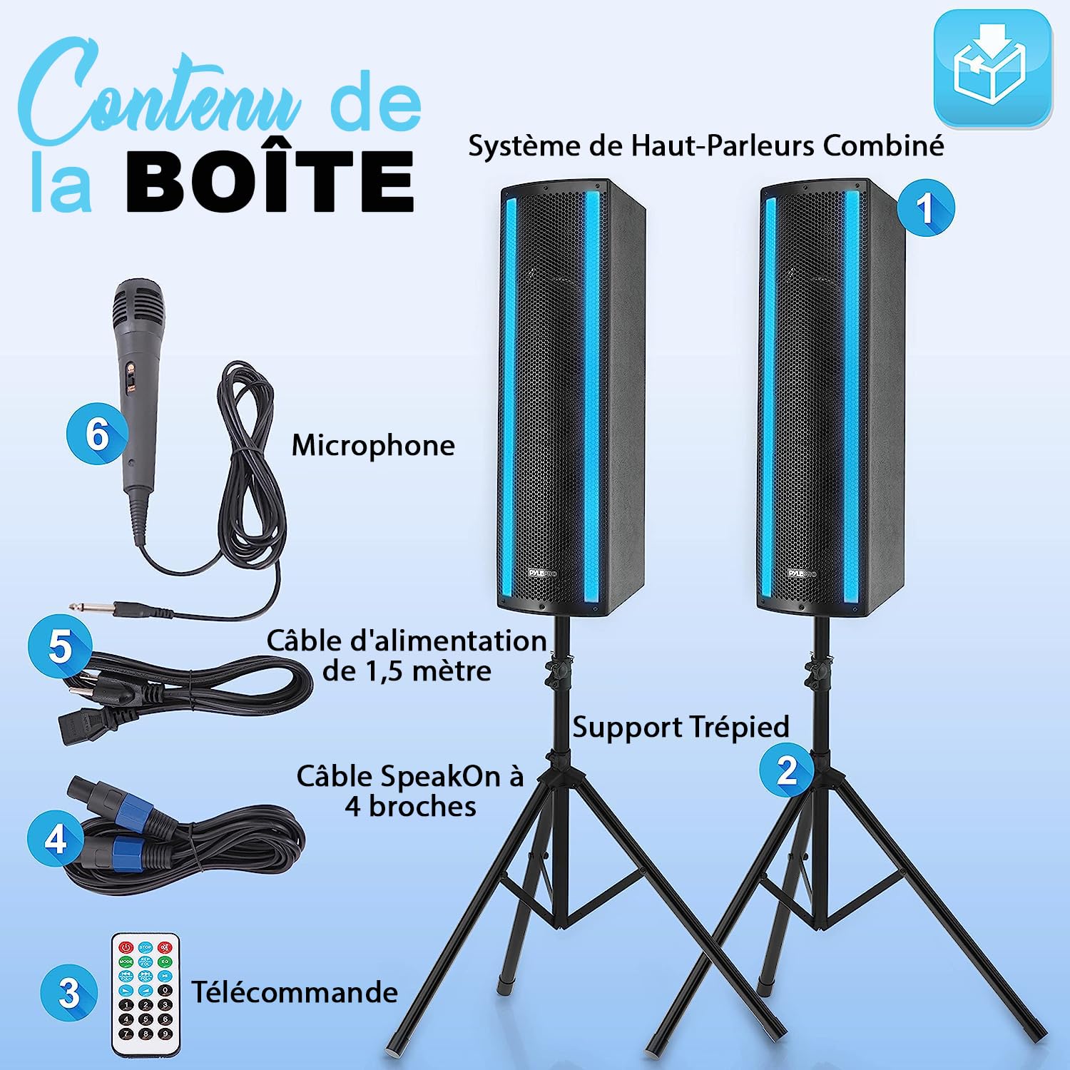 Pyle Système de Haut-Parleur Portable Bluetooth PA 3 Voies Actif & Passif pour l'extérieur Système PA Portable avec entrée Microphone, lumières de fête, trépied Radio FM, télécommande, Noir