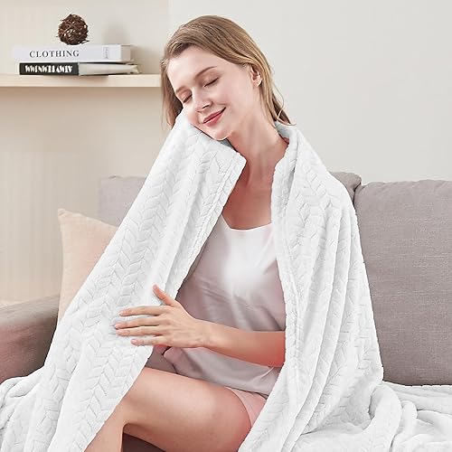 Miniatura 6 de inhand Manta de forro polar blanco tamaño King para cama, manta acogedora de franela súper suave, manta ligera con patrón de hojas para oficina,