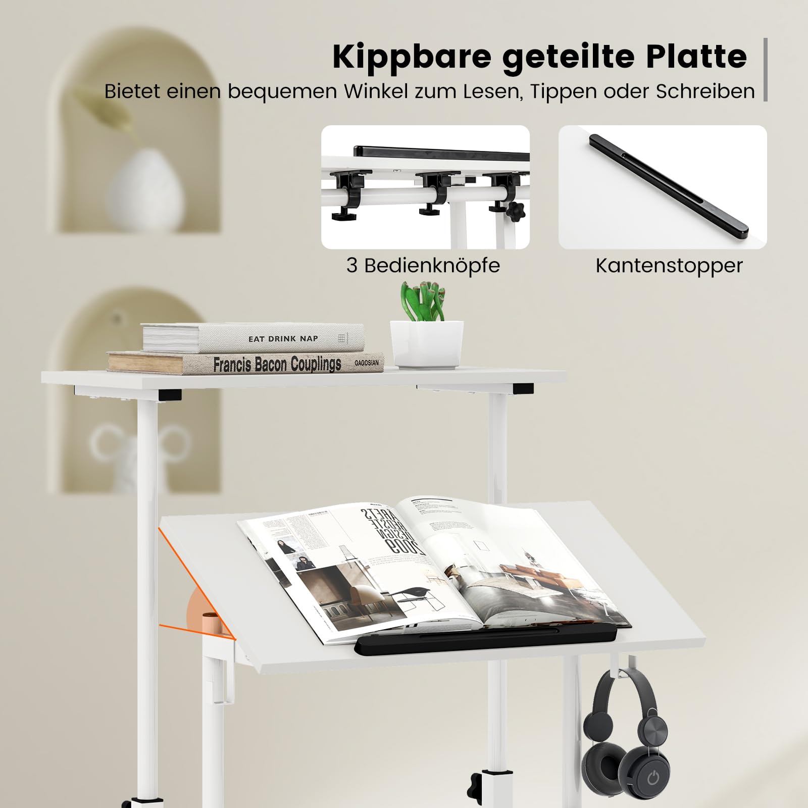 COSTWAY Stehpult Höhenverstellbar, mobiler Computertisch mit Rollen, neigbarer Tischplatte & 2 Haken, Schreibtisch, Steh-Sitz-Tisch, Laptoptisch für Zuhause, Büro (Weiß)