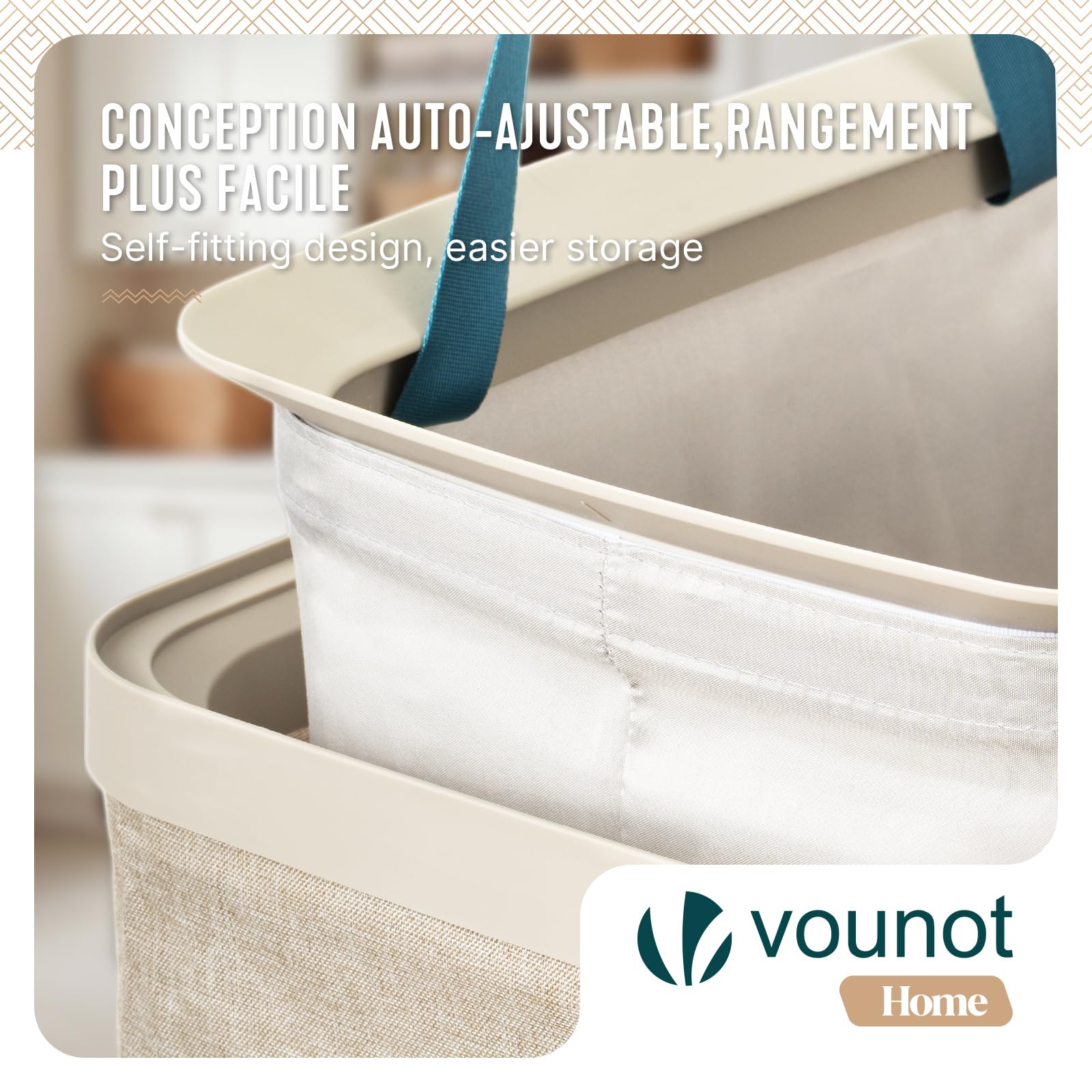 VOUNOT® Cesto Portabiancheria 170L Rettangolare a 3 Scomparti con Coperchio, Cesto Biancheria Grande Capacità con 3 Sacchi Rimovibili Autoportante e Manici, per Bagno, Camera e Lavanderia, Beige - 4