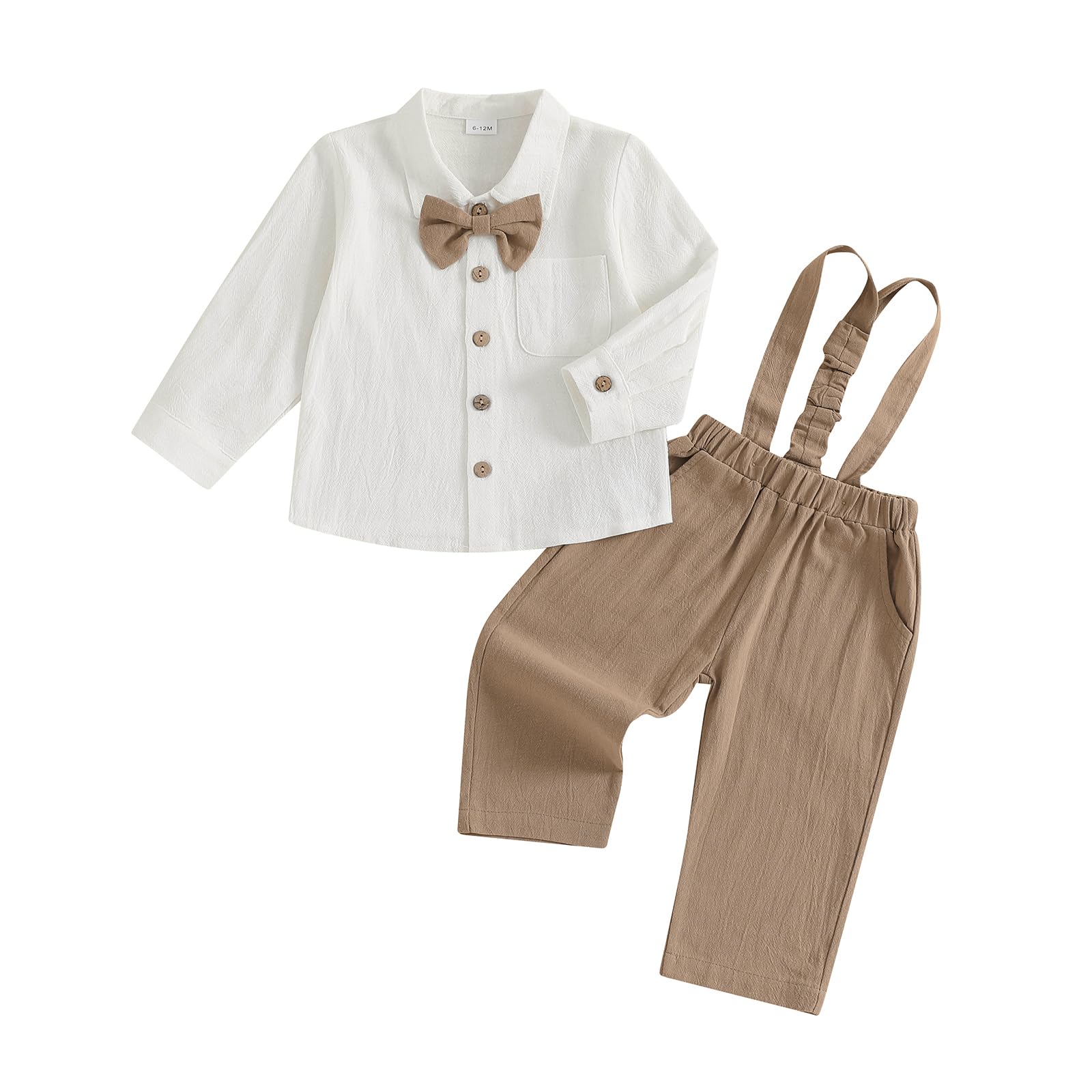 Toddler Boys Gentleman Outfits Long Sleeve Lapel Neck Solid Color Shirts Button-up Top with Bowtie and Elastic Suspender Pants Overalls 3Pcs Sets Baby Boy Tracksuit