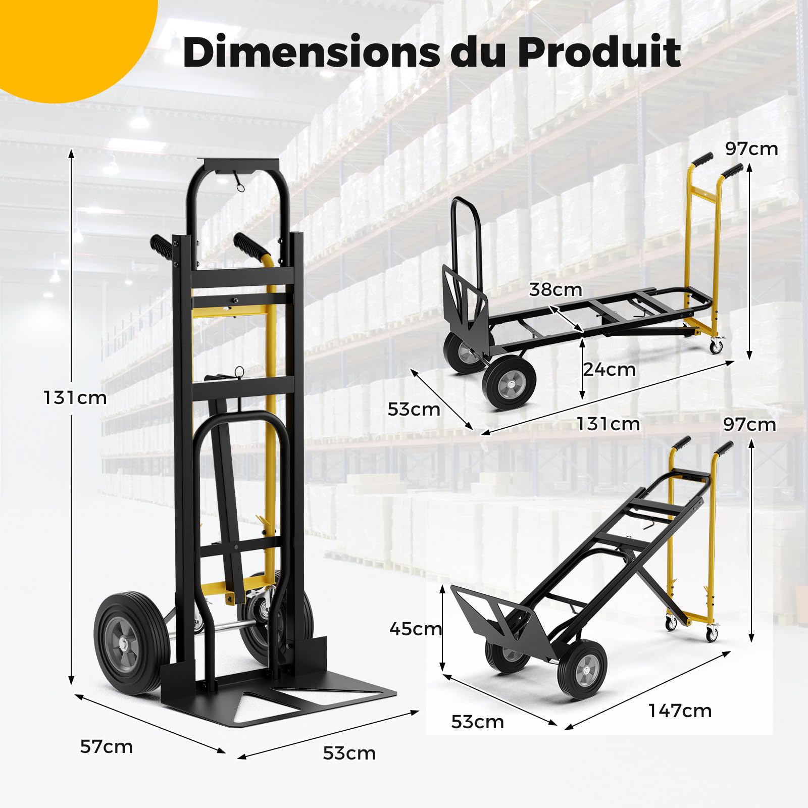 GOPLUS 3-en-1 Chariot Diable à Main en Métal avec Roues en Caoutchouc Universelles, Capacité 450 kg, Chariot Pliable Industriel pour Transport et Déplacement, 57 x 53 x 131 cm