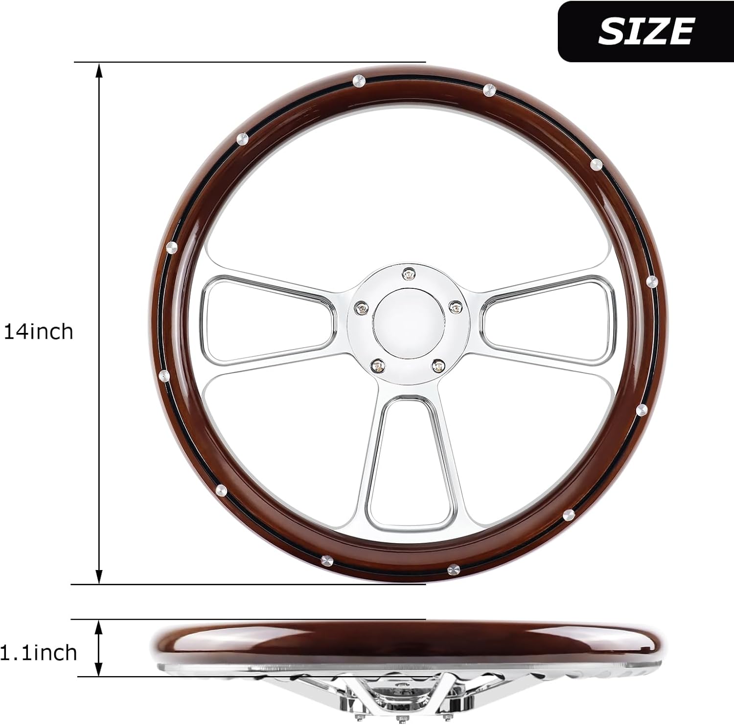 5 Holes 5 Bolts Steering Wheel, 14 inch Wooden Racing Steering Wheel, Grip with Rivets with HornButton, Car Interior Accessories, Car Modification Replacement Parts