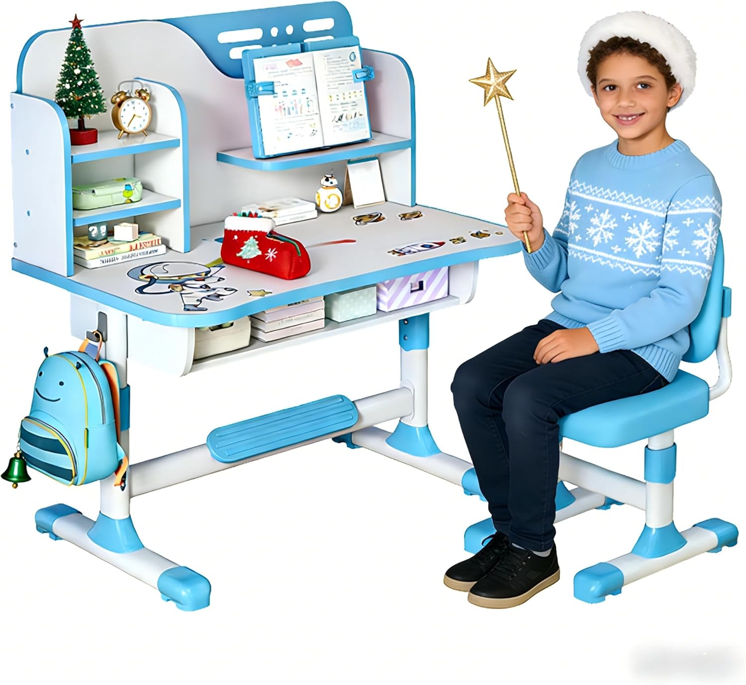 Kids Desk and Chair Set, Height Adjustable Child's School Study Writing Tables, Kids Desk with Bookstand and Storage Drawer, Widened Desktop with Desktop for Boys and Girls Blue