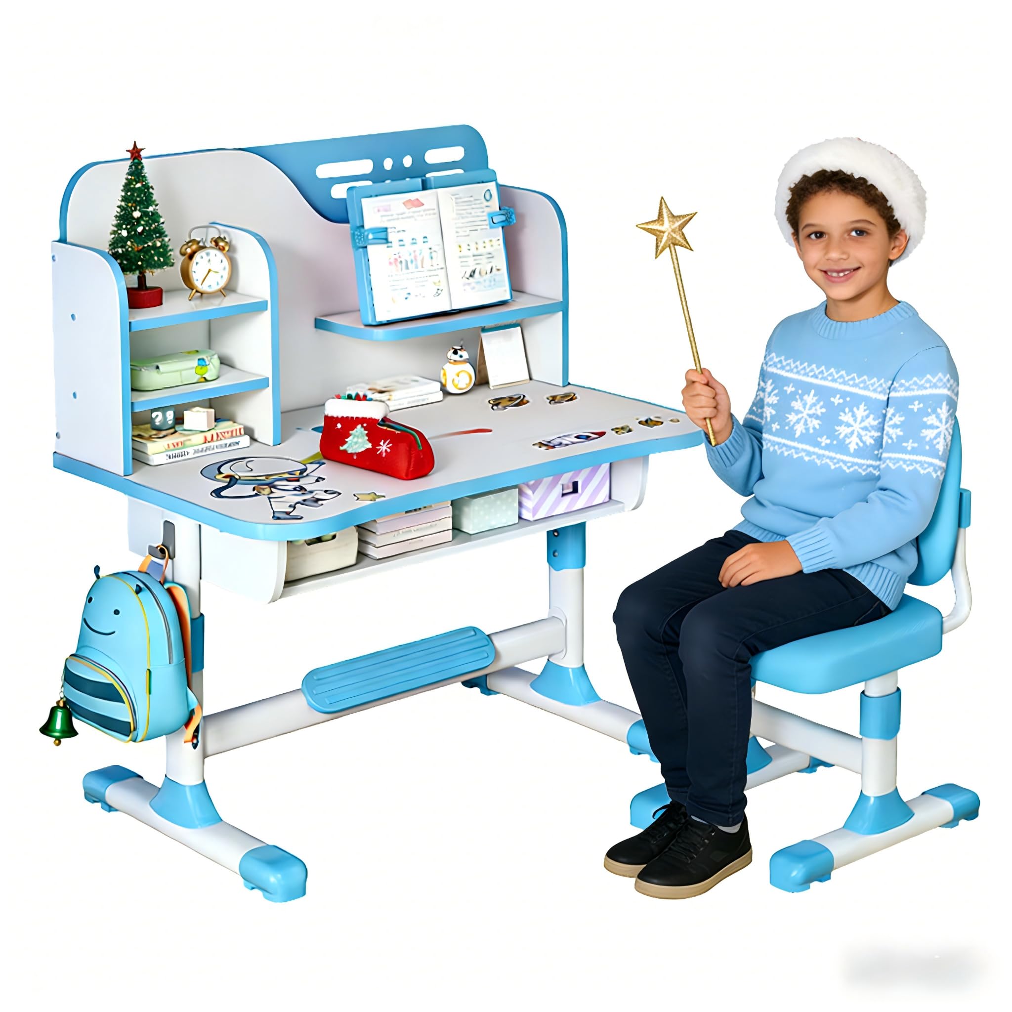 NEREIDS NET Kids Desk and Chair Set, Height Adjustable Child's School Study Writing Tables, Kids Desk with Bookstand and Storage Drawer, Widened