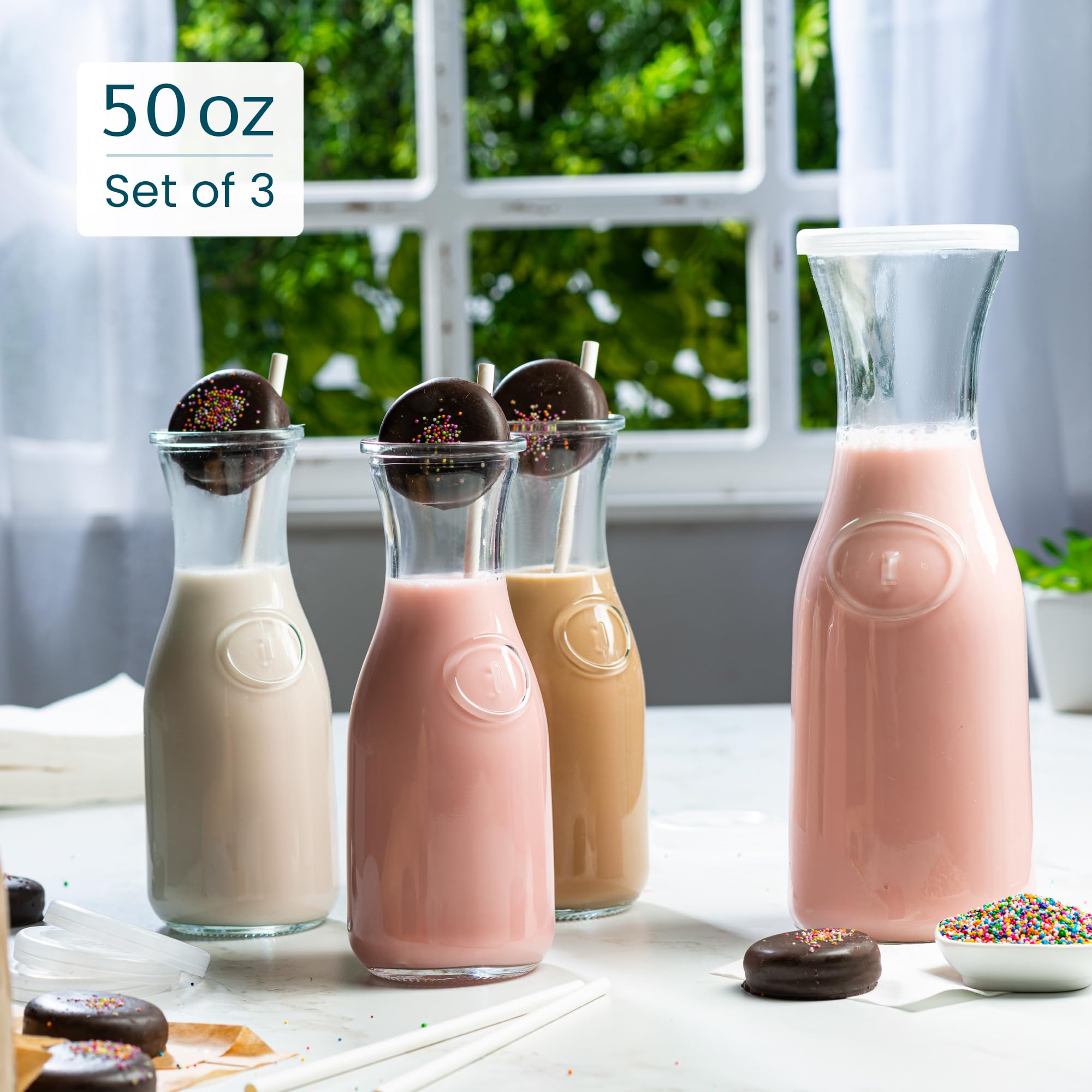 Kook - Jarras de cristal, jarra grande, juego de 3, dispensadores de bebidas, jarras transparentes para mimosas, agua, vino, leche y jugo, con tapas de plástico, 50 onzas, aptas para lavavajillas