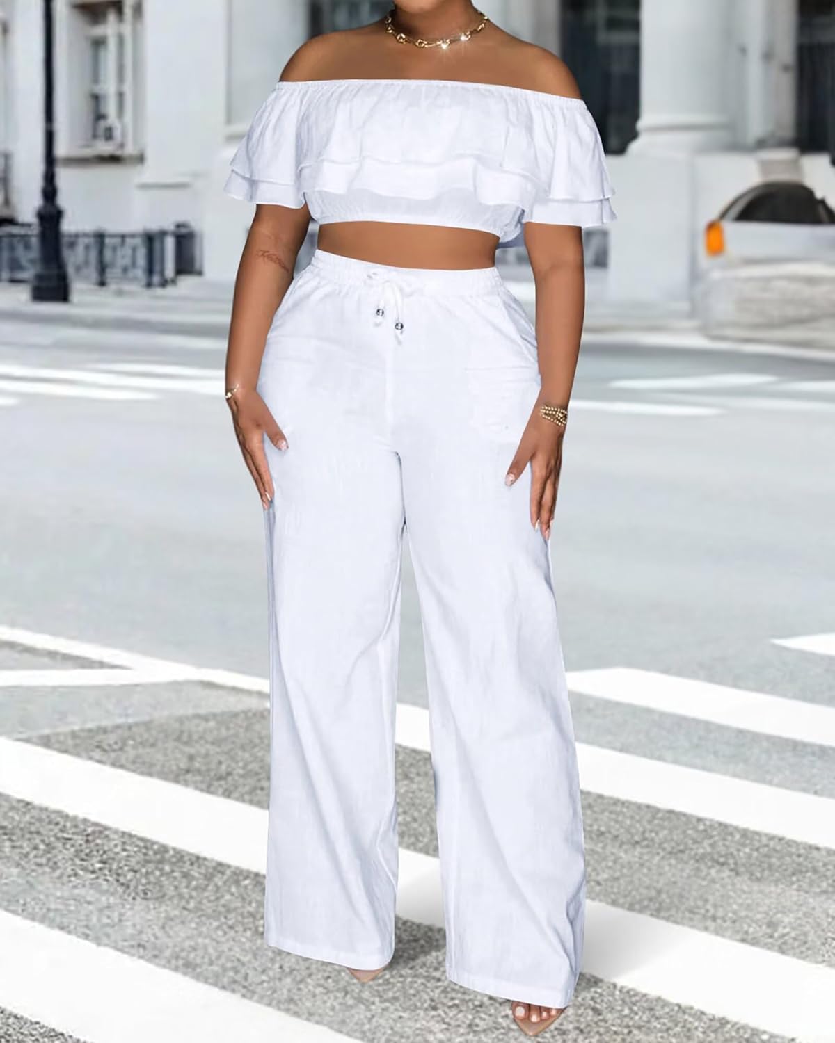 Adogirl 2 Piece Outfits For Women Off Shoulder Ruffle Trim Short Sleeve Top Wide Leg Pants Sets Sexy Outfits - Image 4