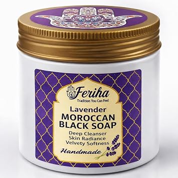 FERIHA Moroccan Black Soap with Lavender Essential Oil Traditional Hammam Cleanser Made with Olive Paste, Handmade in Morocco, Large 250g / 8.8 oz