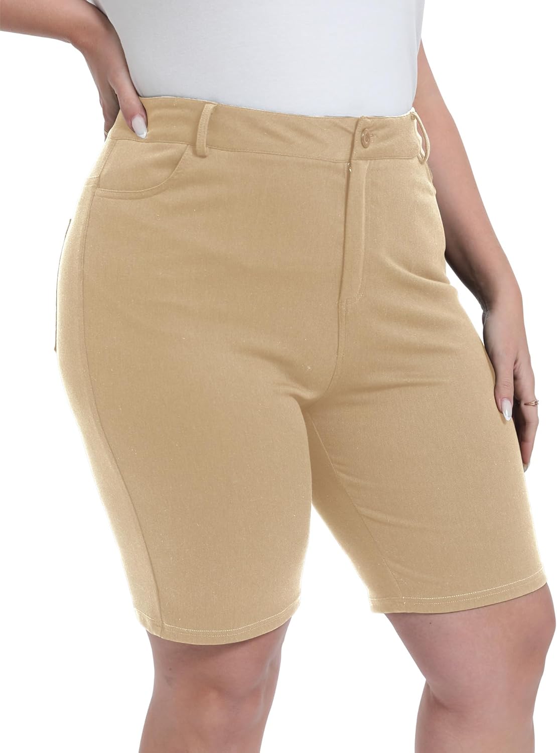 Womens Plus Size Bermuda Shorts Stretchy High Waisted Summer Casual Midi Shorts - Image 5
